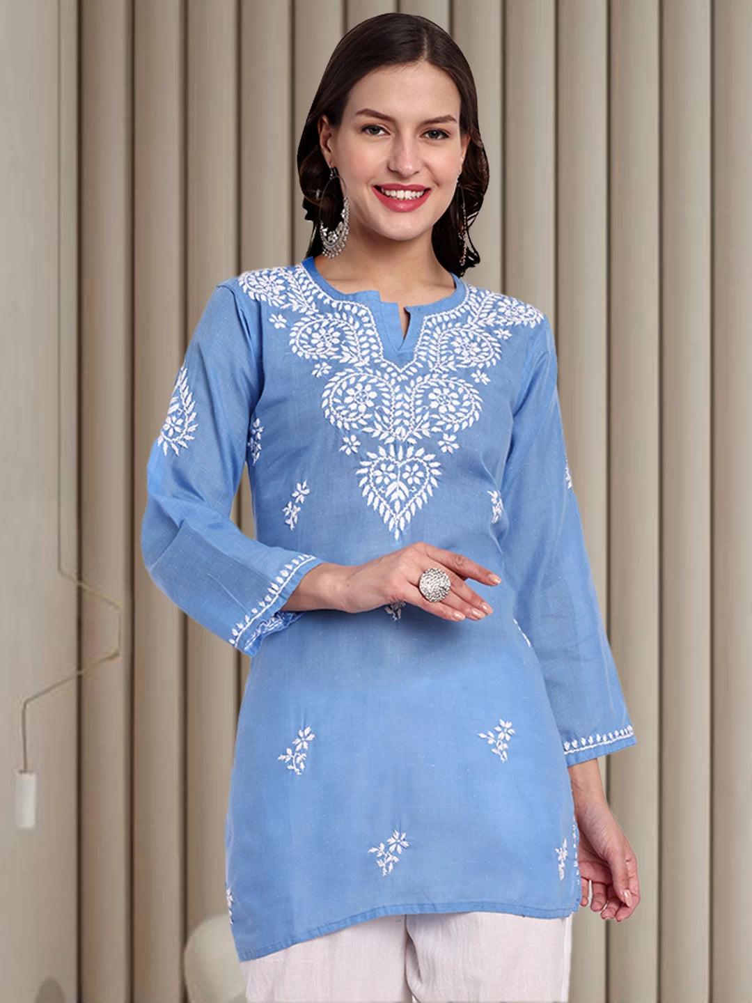 Ada Hand Embroidered Pantone Blue Cotton Lucknowi Chikankari Straight Kurti A911346