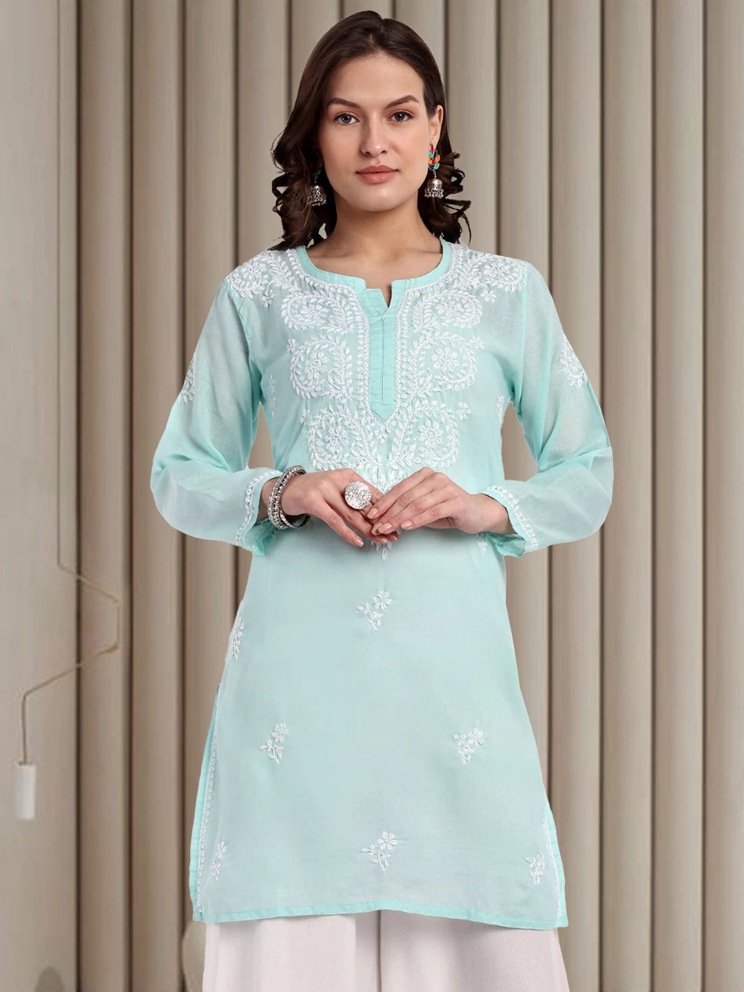 Ada Hand Embroidered Sea Green Cotton Lucknowi Chikankari Straight Kurti A911348