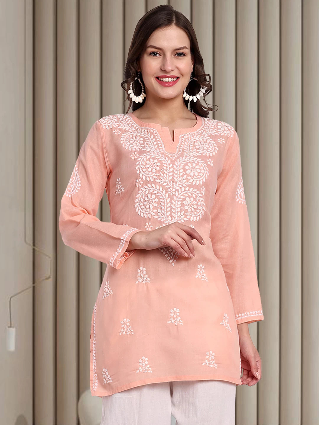 Ada Hand Embroidered Peach Cotton Lucknowi Chikankari Kurti A911347