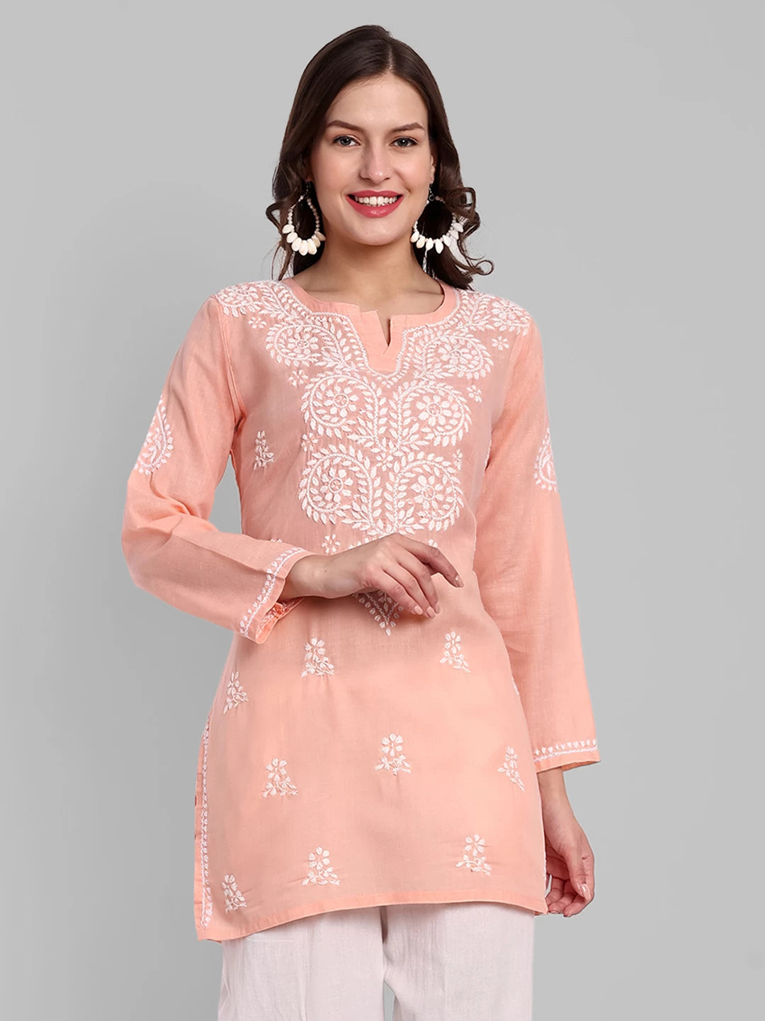 Ada Hand Embroidered Peach Cotton Lucknowi Chikankari Kurti A911347