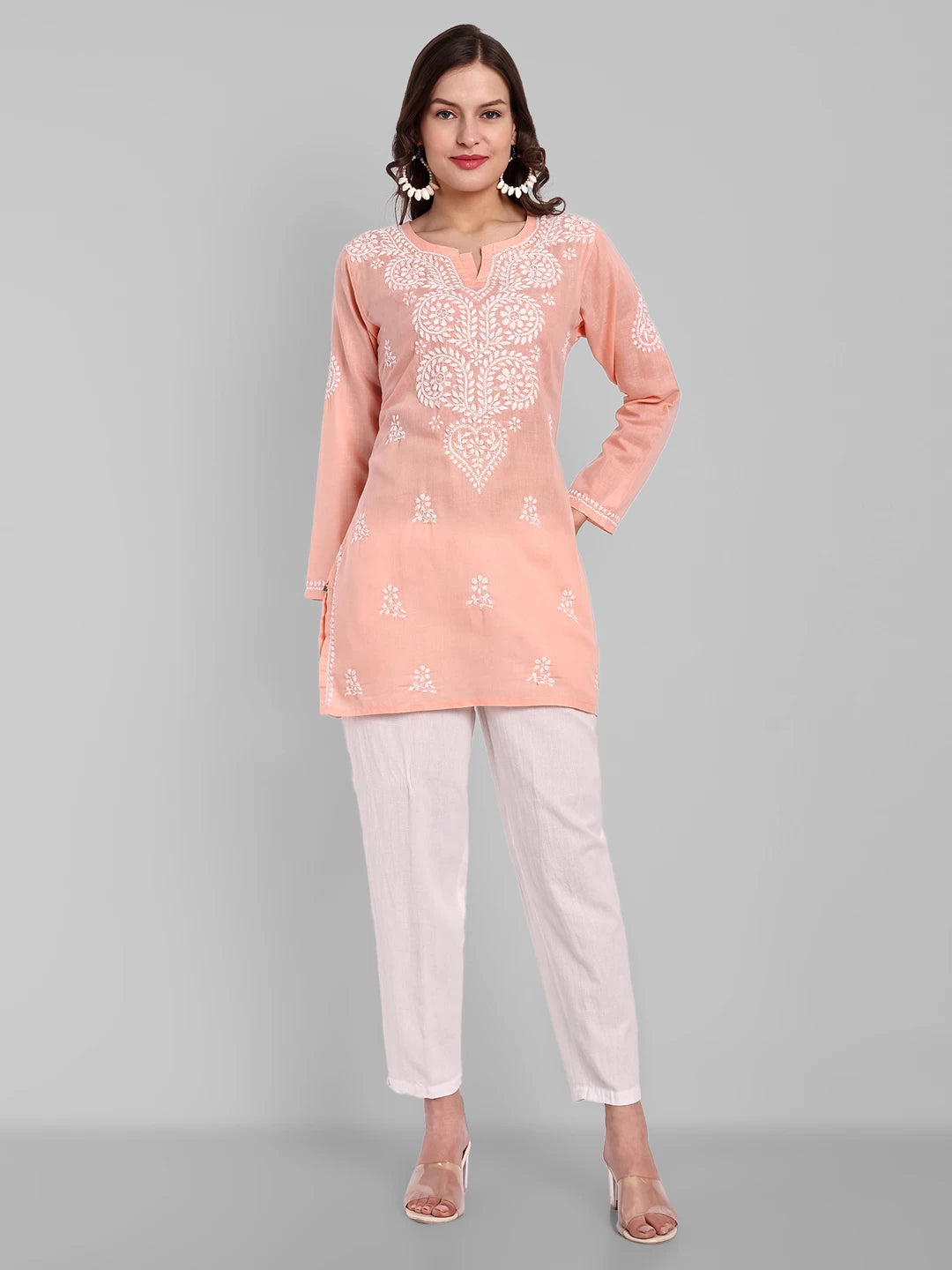 Ada Hand Embroidered Peach Cotton Lucknowi Chikankari Kurti A911347