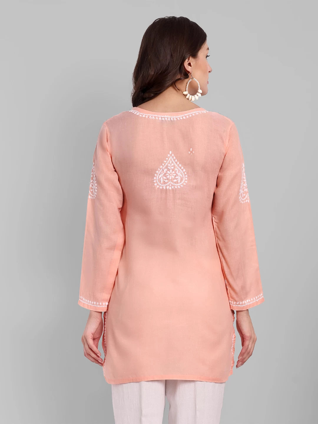 Ada Hand Embroidered Peach Cotton Lucknowi Chikankari Kurti A911347