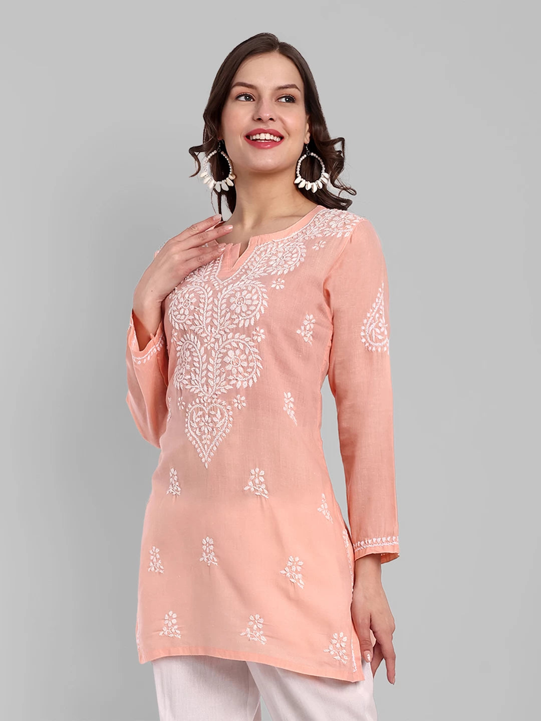 Ada Hand Embroidered Peach Cotton Lucknowi Chikankari Kurti A911347