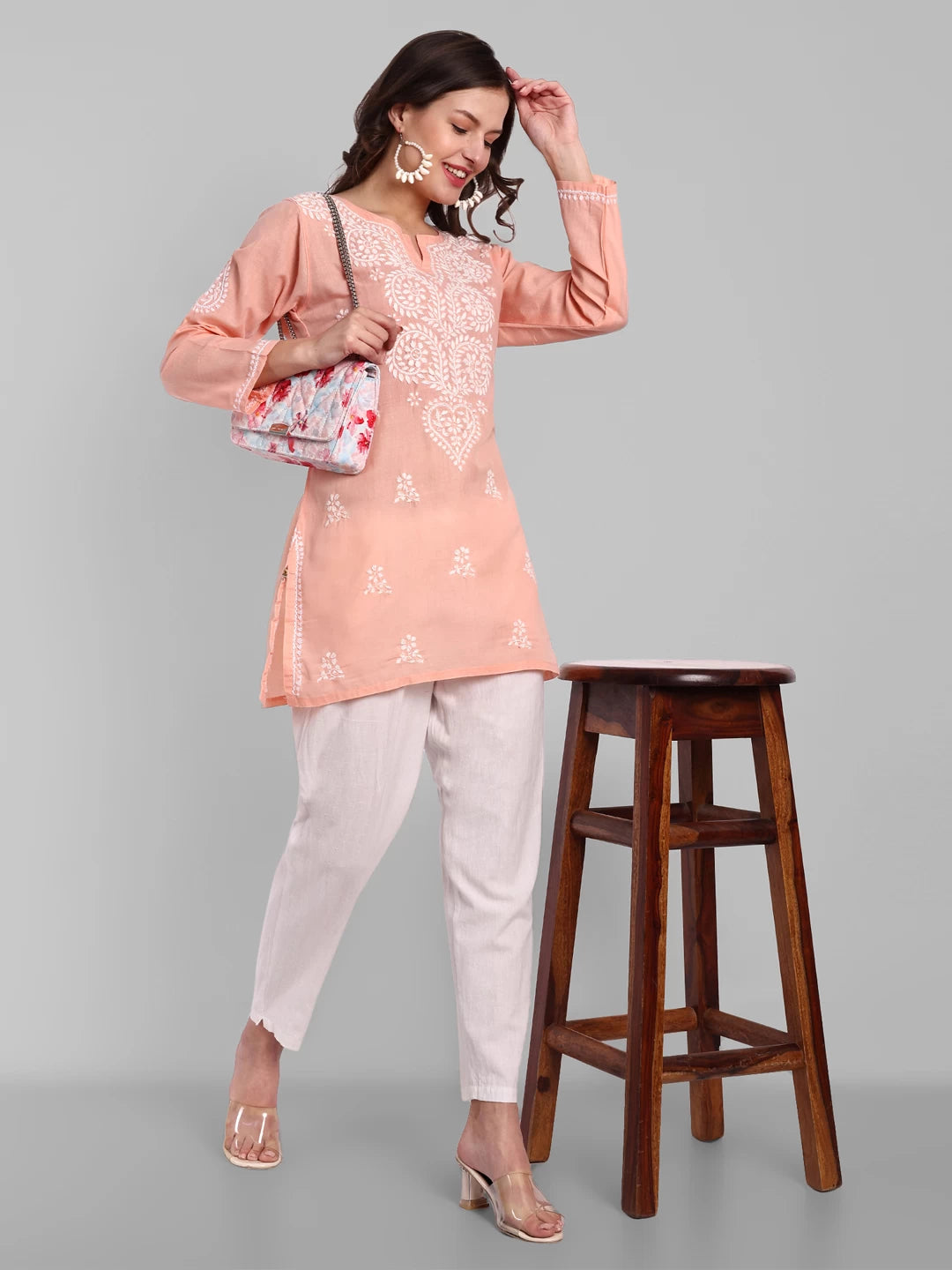 Ada Hand Embroidered Peach Cotton Lucknowi Chikankari Kurti A911347