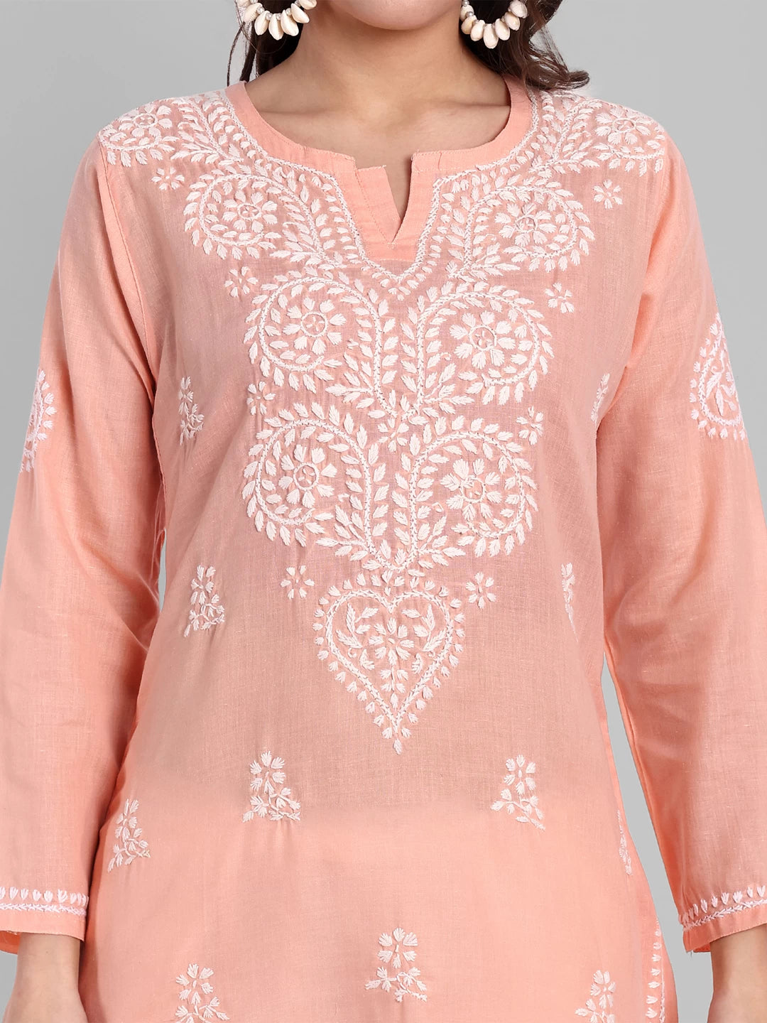 Ada Hand Embroidered Peach Cotton Lucknowi Chikankari Kurti A911347
