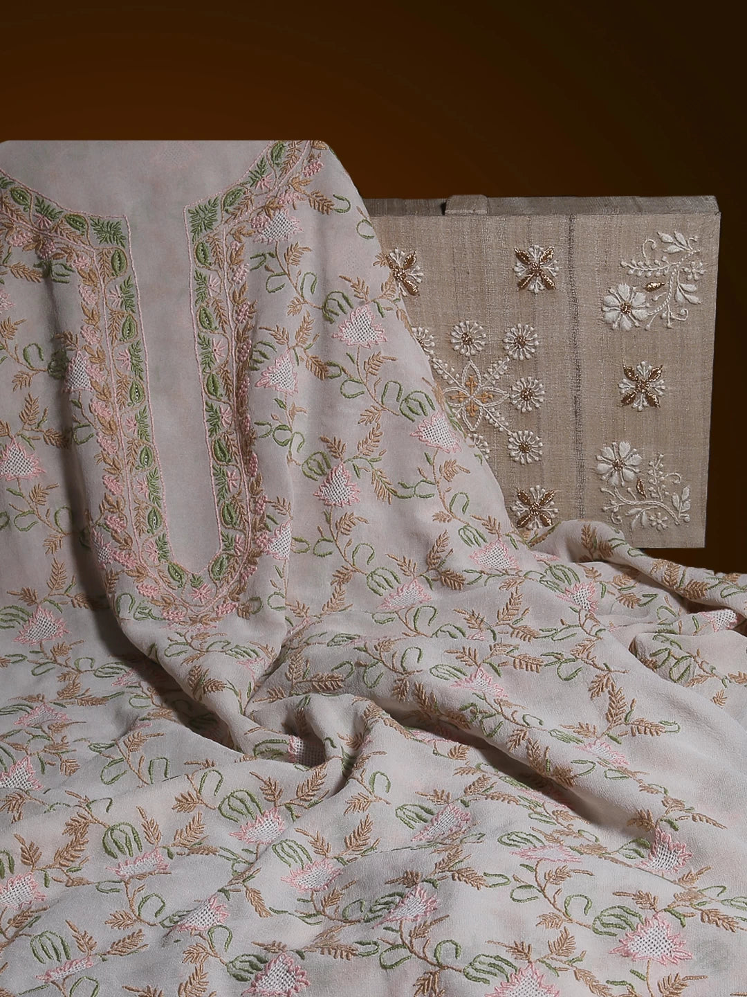 Ada Hand Embroidered Ivory White Pure Georgette Lucknowi Chikankari Unstitched Kurta Piece A19978