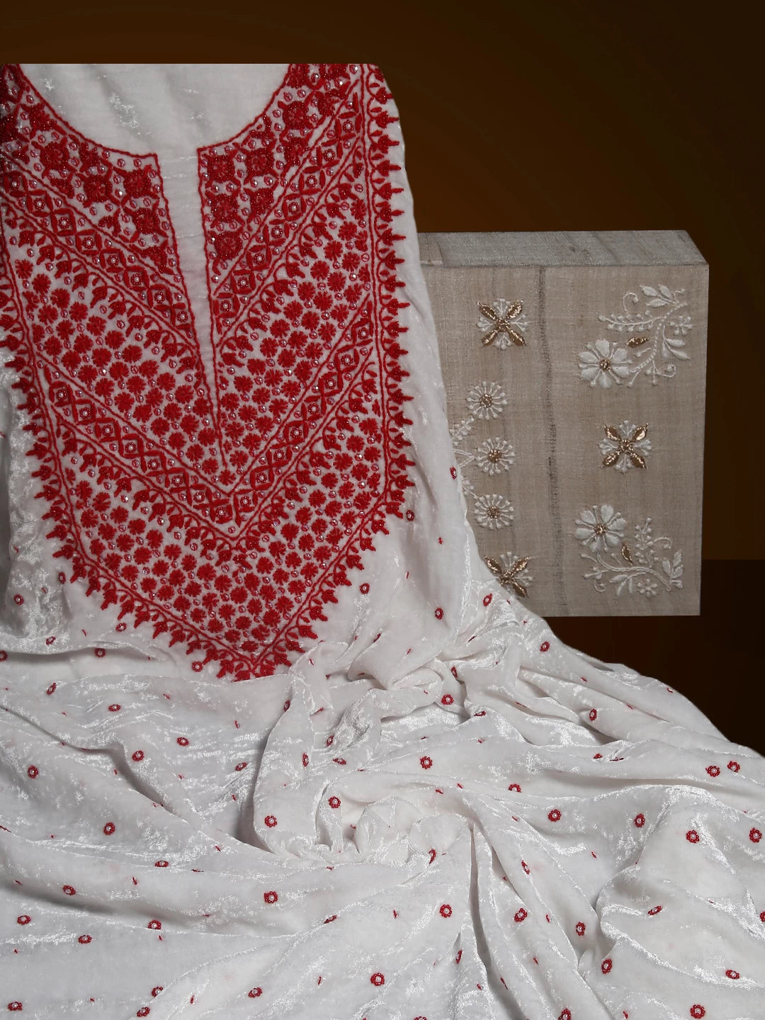 Ada Hand Embroidered White Velvet Lucknowi Chikankari Kurta Piece 01A340256