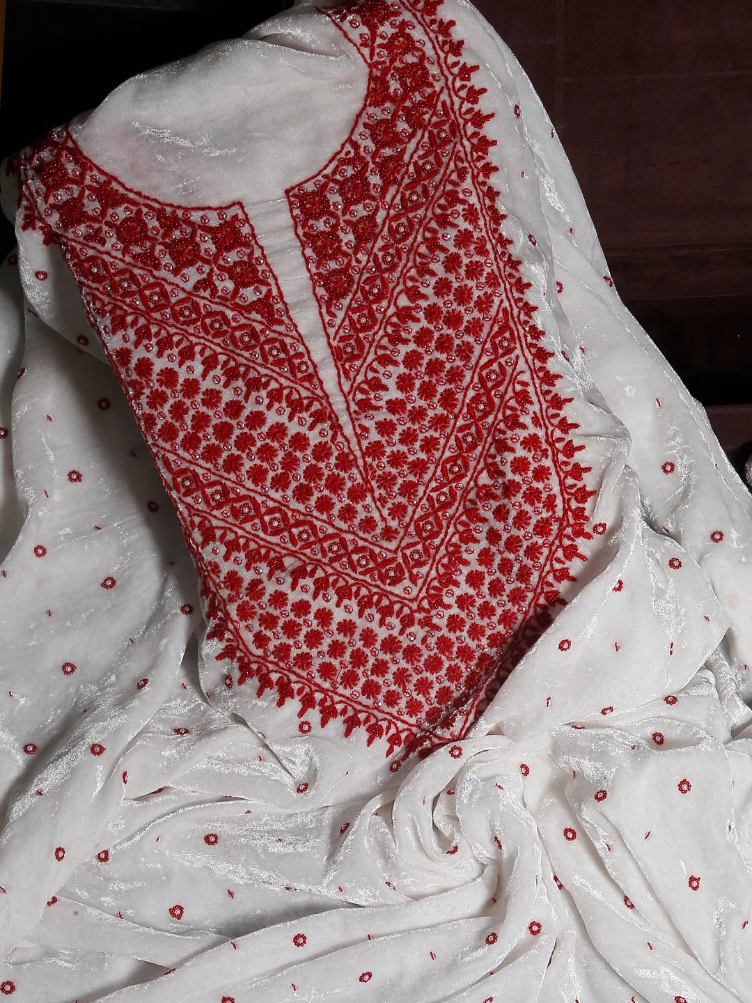 Ada Hand Embroidered White Velvet Lucknowi Chikankari Kurta Piece 01A340256