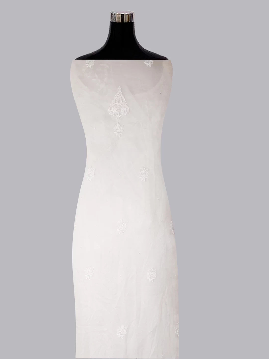 Ada Hand Embroidered Dove White Organza Lucknowi Chikankari Unstitched Kurta Piece With Pearl Work 01A377827