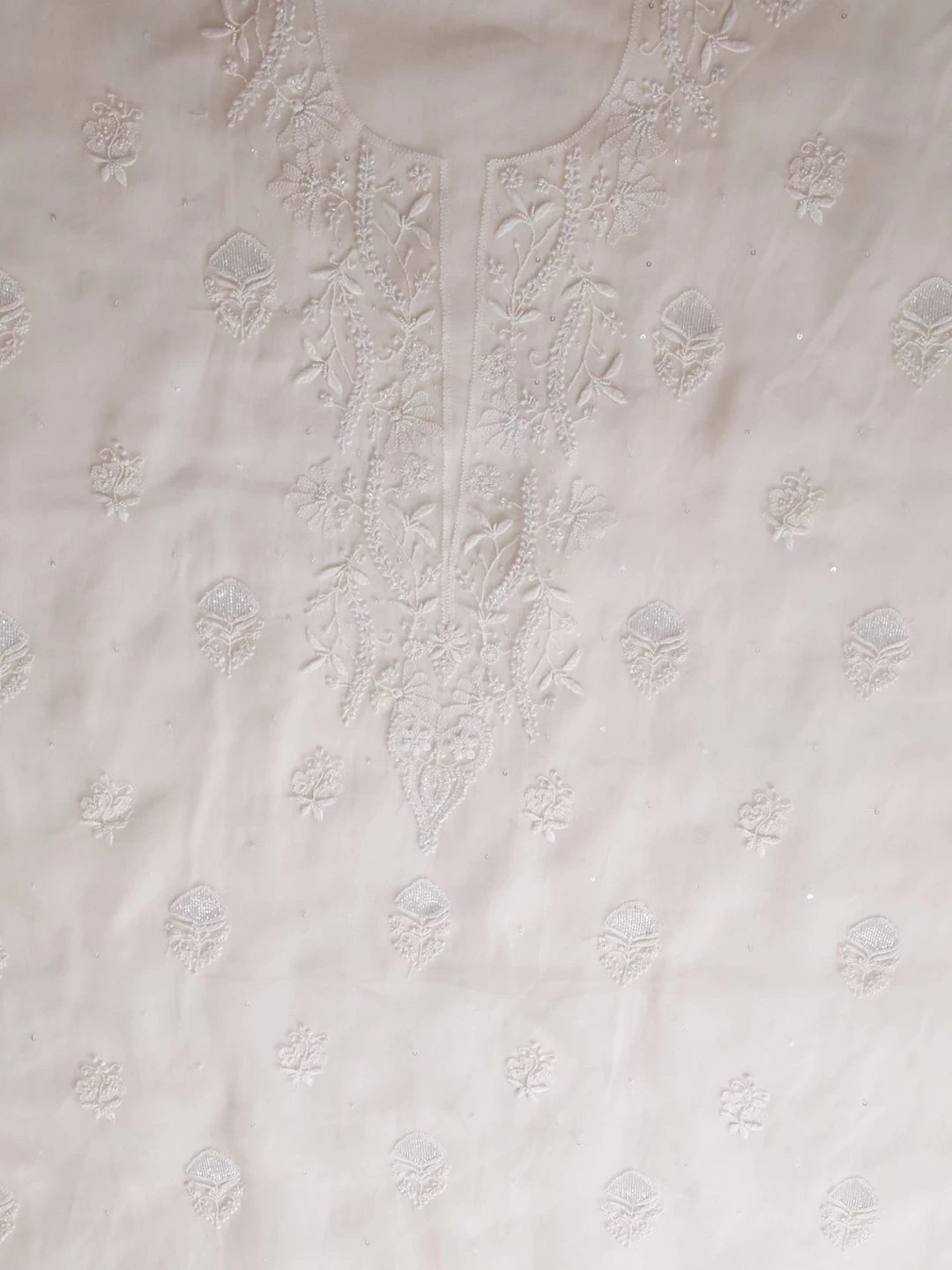 Ada Hand Embroidered Dove White Organza Lucknowi Chikankari Unstitched Kurta Piece With Pearl Work 01A377827