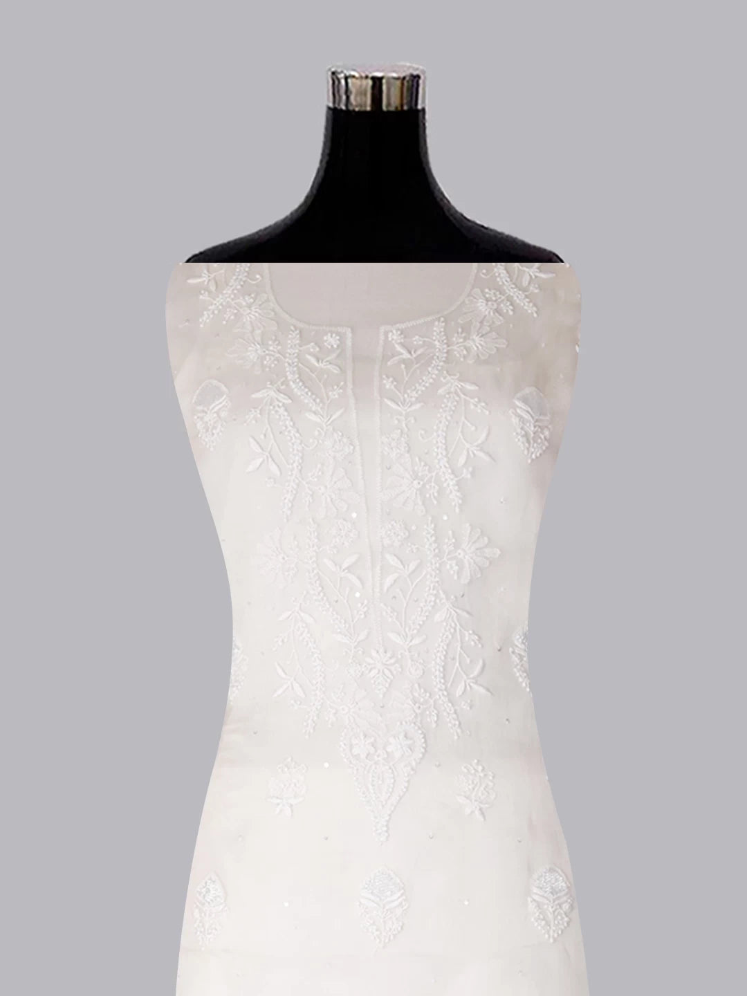 Ada Hand Embroidered Dove White Organza Lucknowi Chikankari Unstitched Kurta Piece With Pearl Work 01A377827