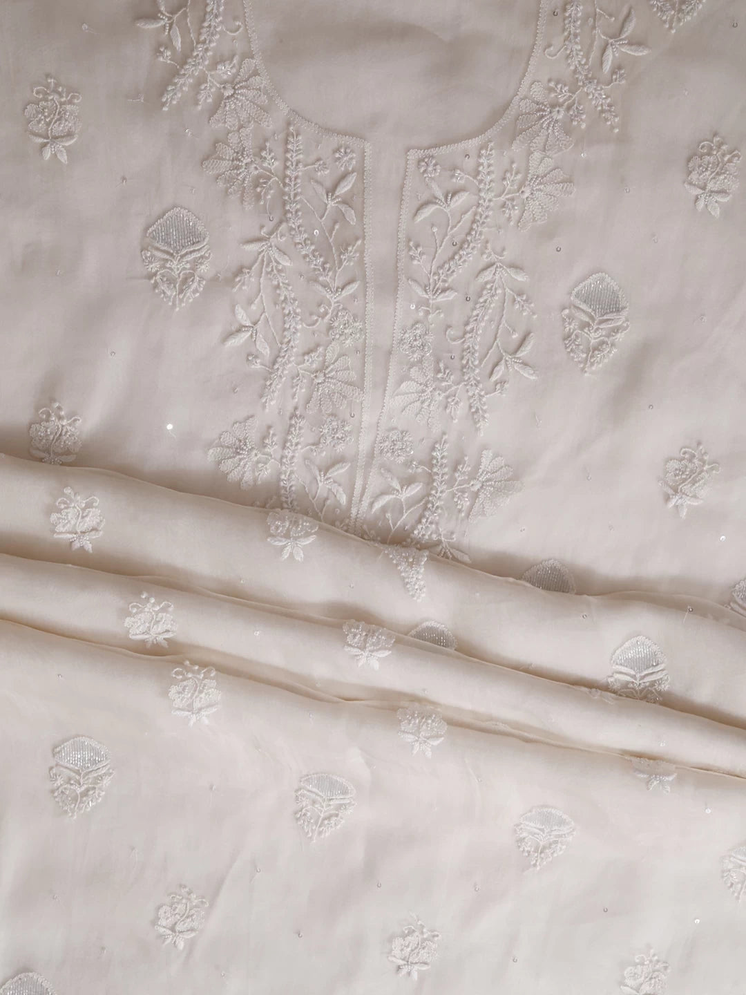 Ada Hand Embroidered Dove White Organza Lucknowi Chikankari Unstitched Kurta Piece With Pearl Work 01A377827