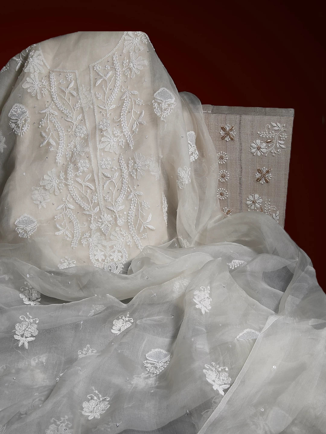 Ada Hand Embroidered Dove White Organza Lucknowi Chikankari Unstitched Kurta Piece With Pearl Work 01A377827