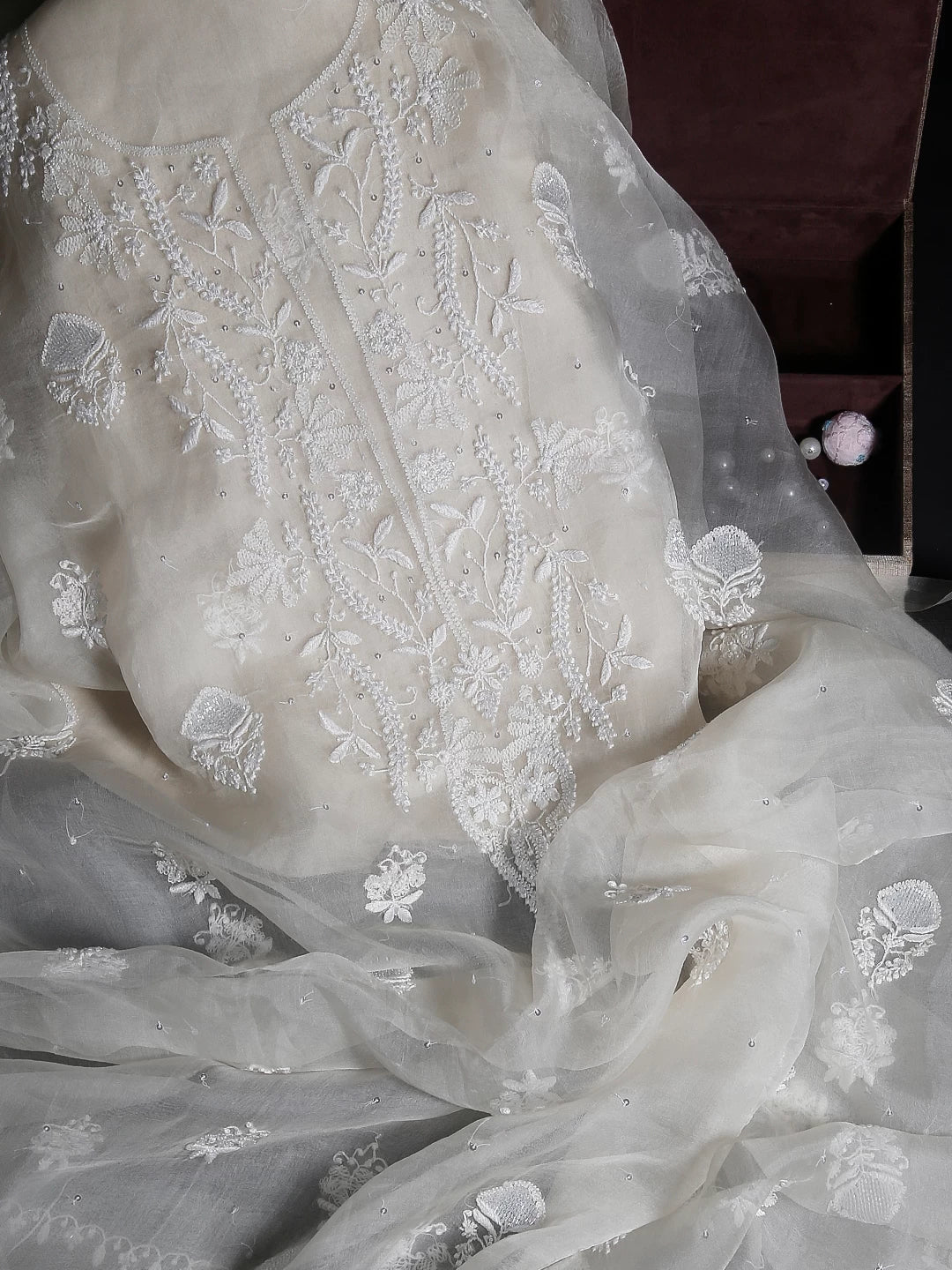 Ada Hand Embroidered Dove White Organza Lucknowi Chikankari Unstitched Kurta Piece With Pearl Work 01A377827