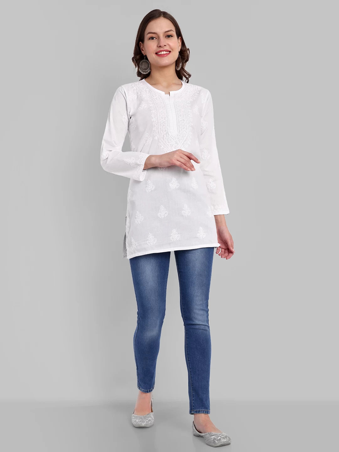 Ada Hand Embroidered White Cotton Lucknowi Chikankari Straight Kurti A911335