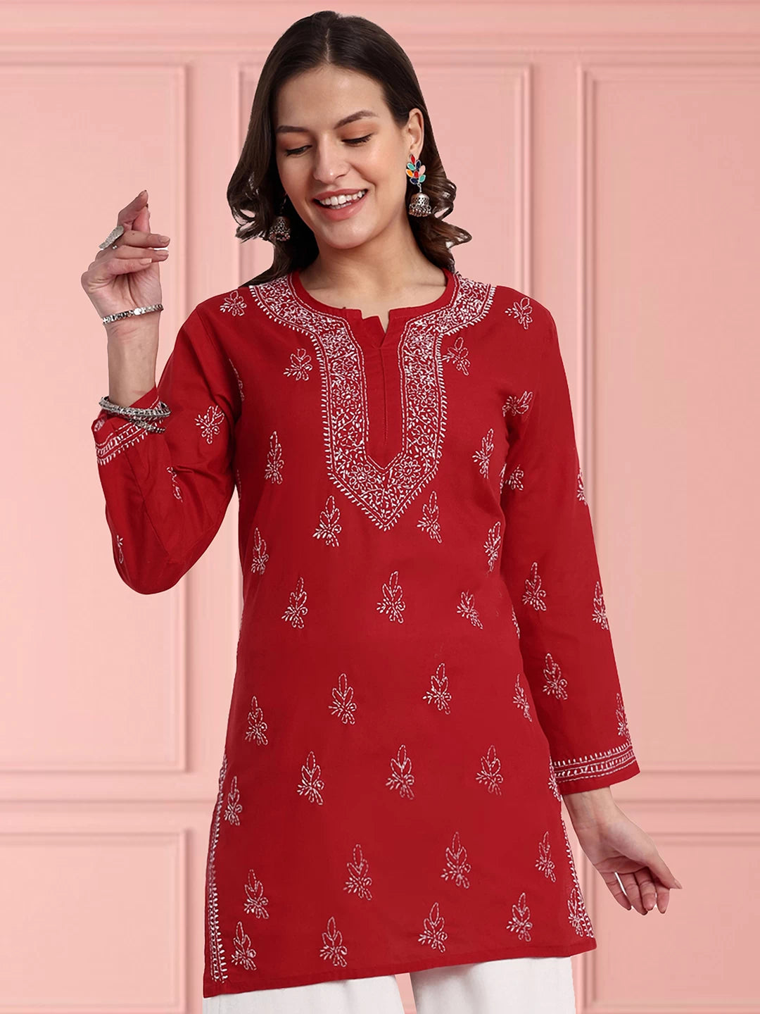Ada Hand Embroidered Red Cotton Lucknowi Chikankari Straight Kurti A911337