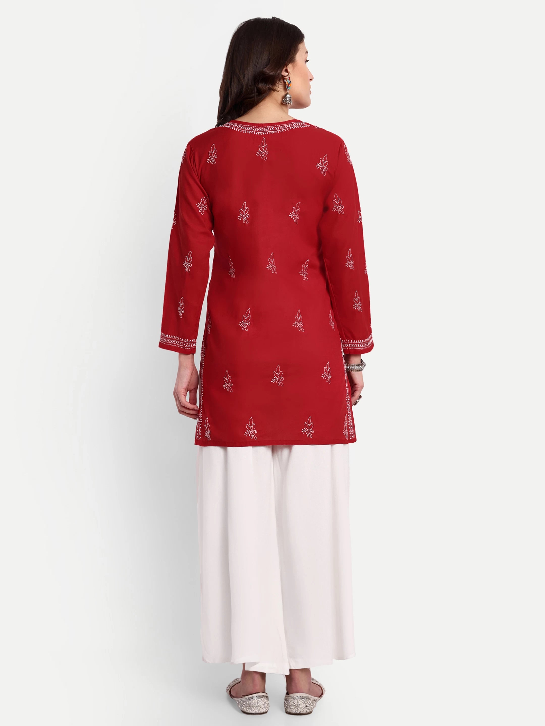 Ada Hand Embroidered Red Cotton Lucknowi Chikankari Straight Kurti A911337