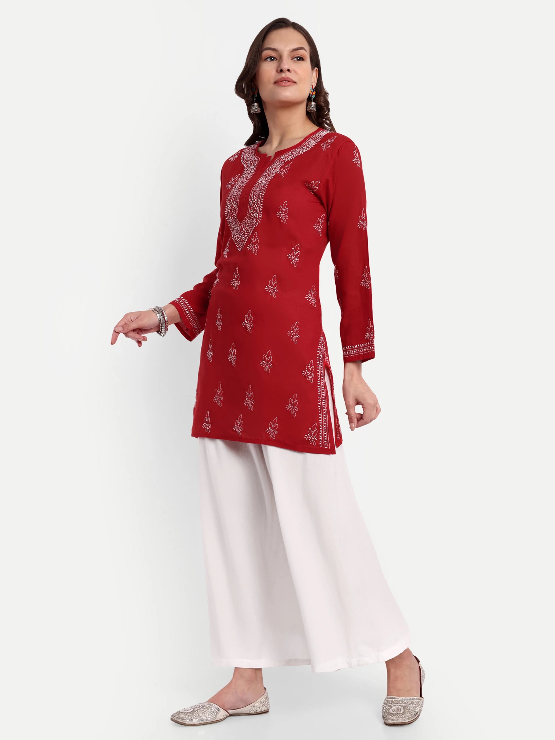 Ada Hand Embroidered Red Cotton Lucknowi Chikankari Straight Kurti A911337