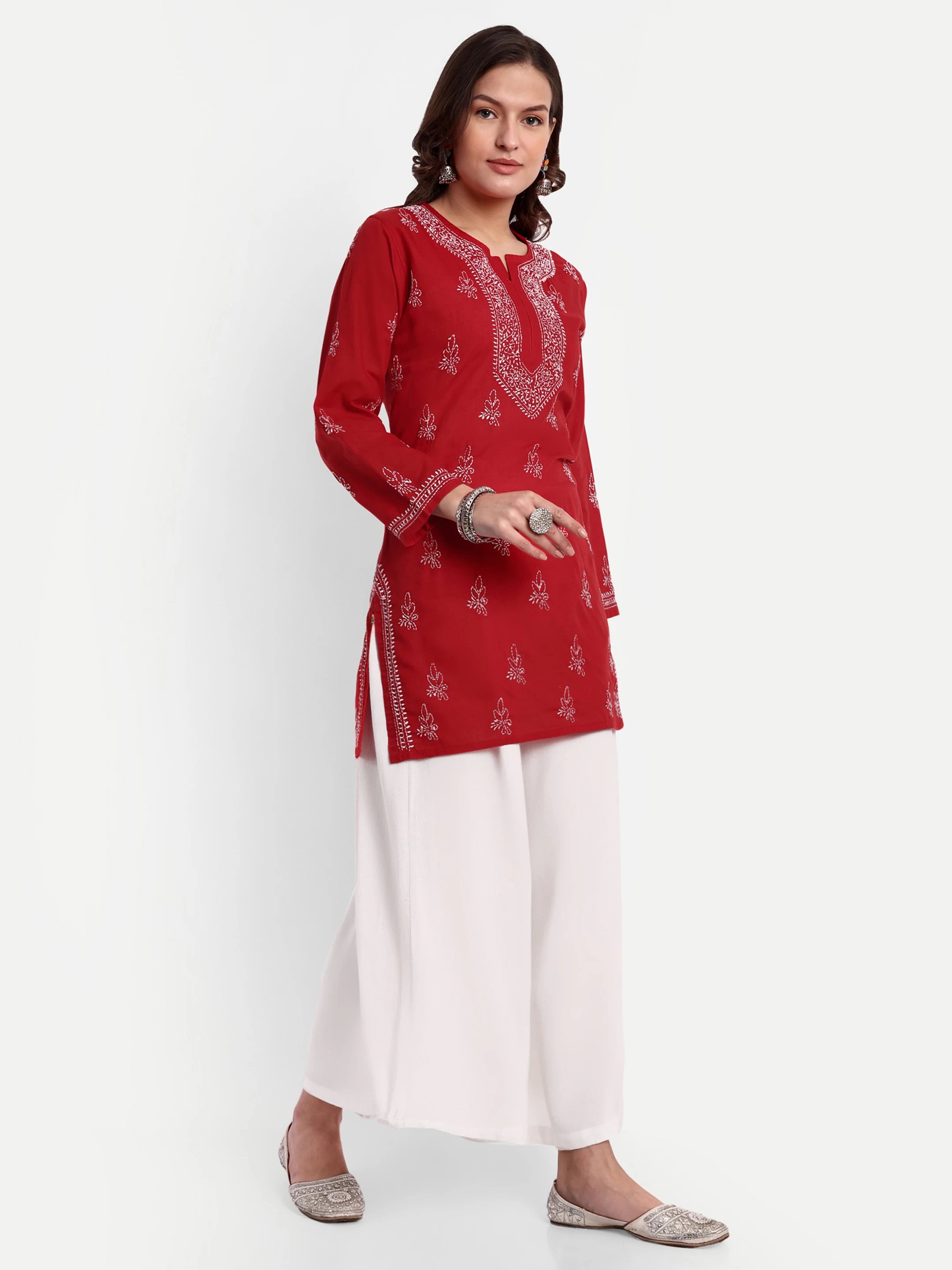 Ada Hand Embroidered Red Cotton Lucknowi Chikankari Straight Kurti A911337
