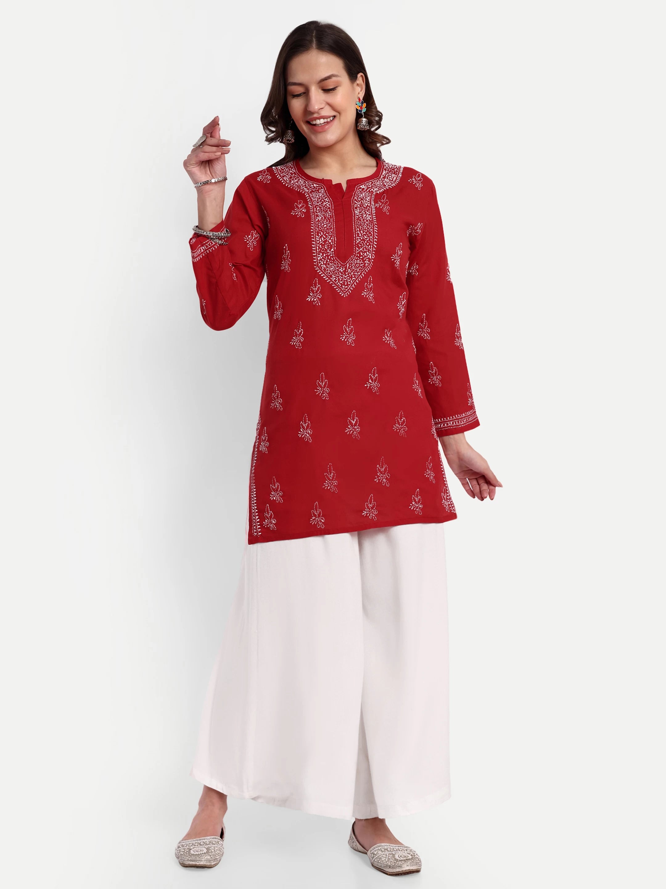 Ada Hand Embroidered Red Cotton Lucknowi Chikankari Straight Kurti A911337