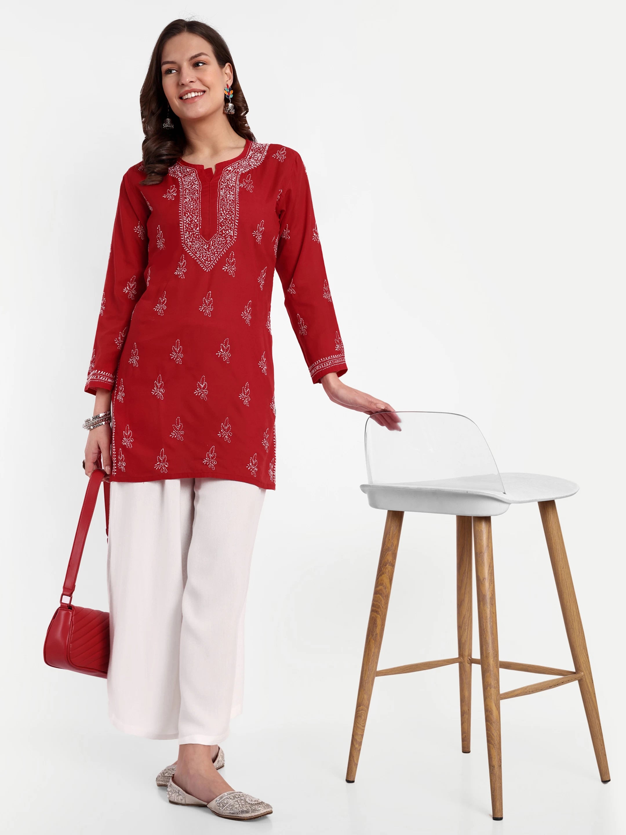Ada Hand Embroidered Red Cotton Lucknowi Chikankari Straight Kurti A911337