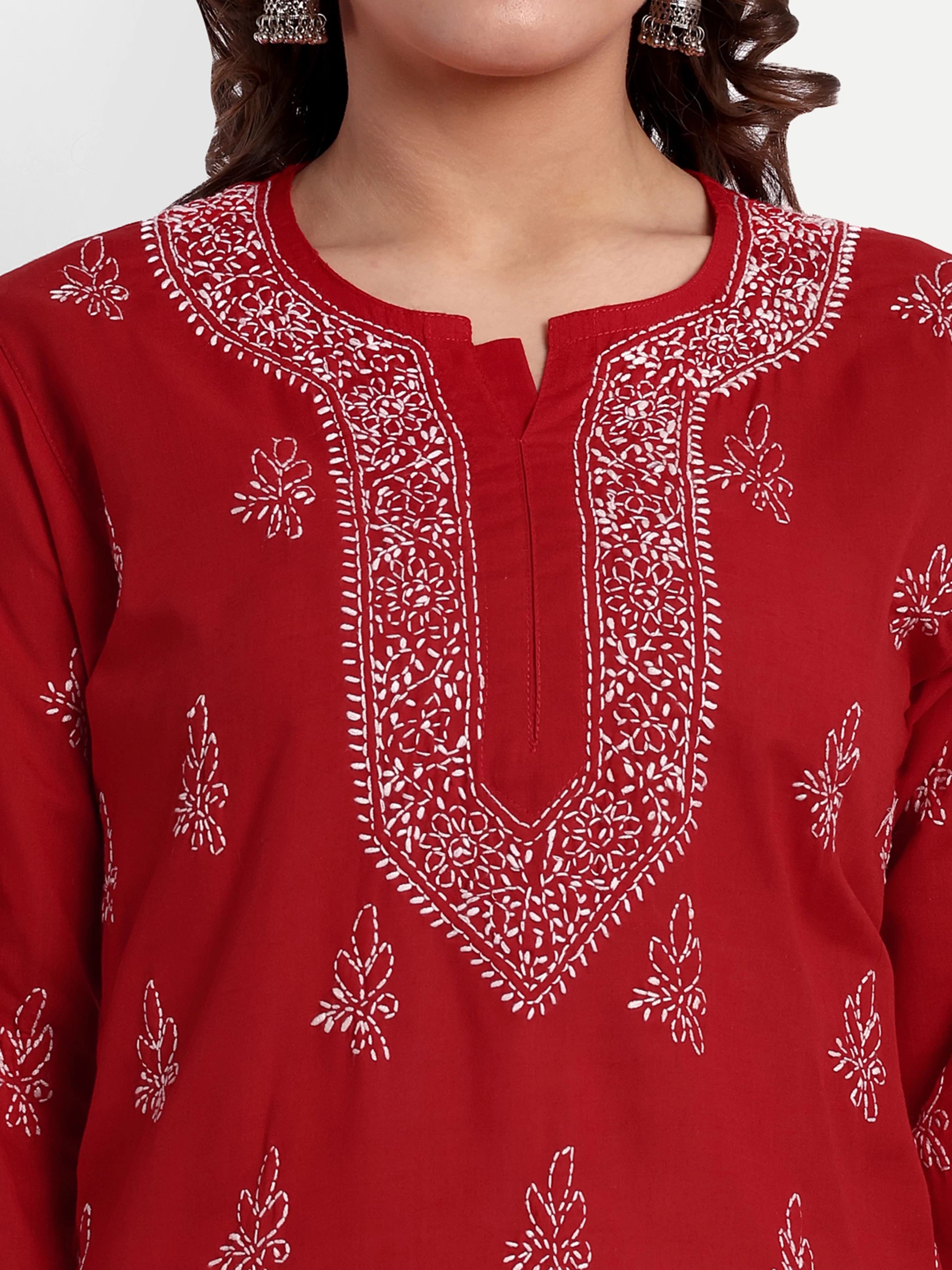 Ada Hand Embroidered Red Cotton Lucknowi Chikankari Straight Kurti A911337