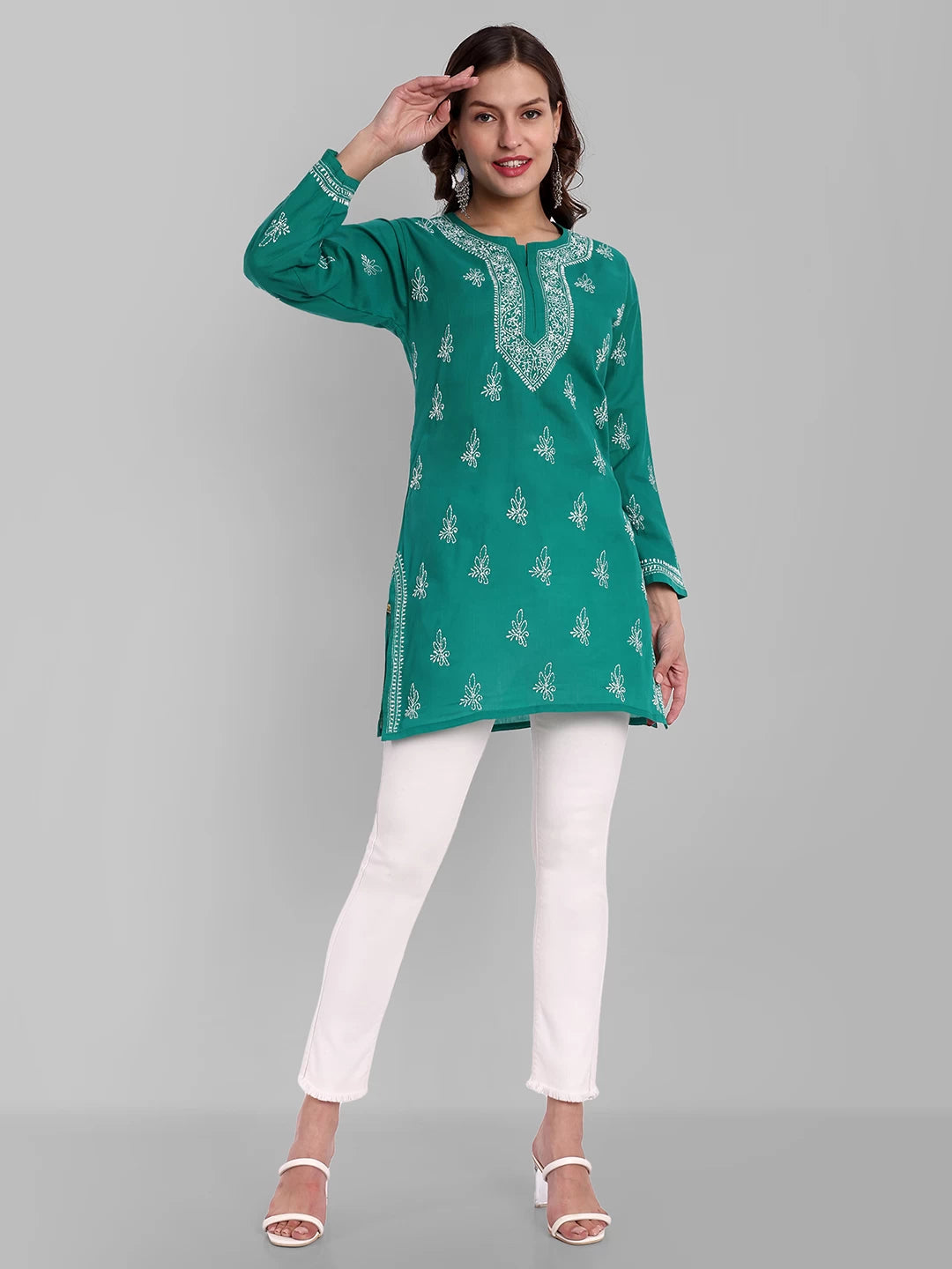 Ada Hand Embroidered Bottle Green Cotton Lucknowi Chikankari Straight Kurti A911357