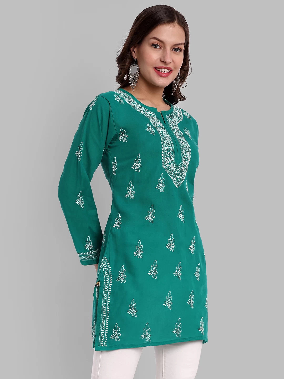 Ada Hand Embroidered Bottle Green Cotton Lucknowi Chikankari Straight Kurti A911357
