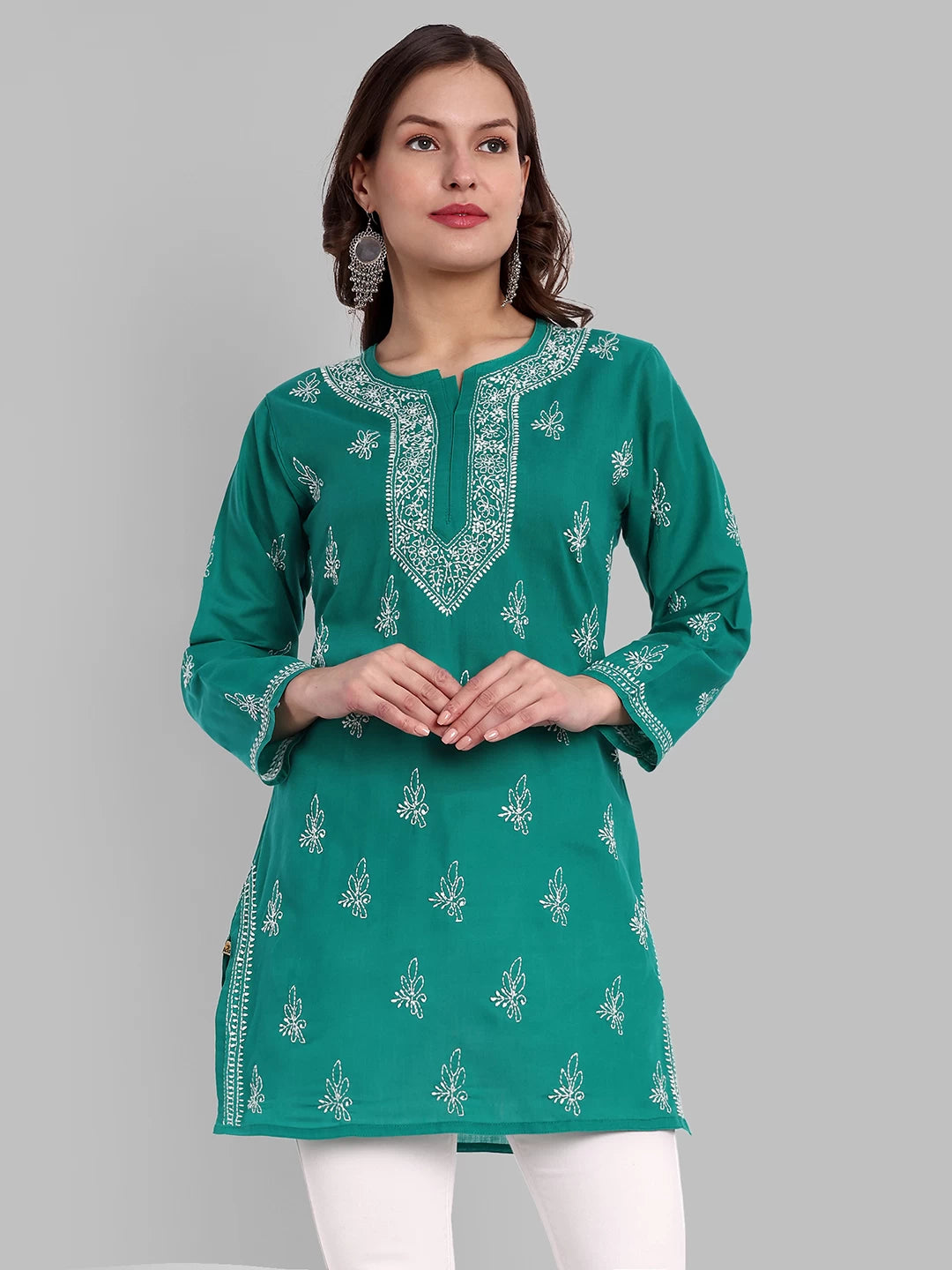 Ada Hand Embroidered Bottle Green Cotton Lucknowi Chikankari Straight Kurti A911357
