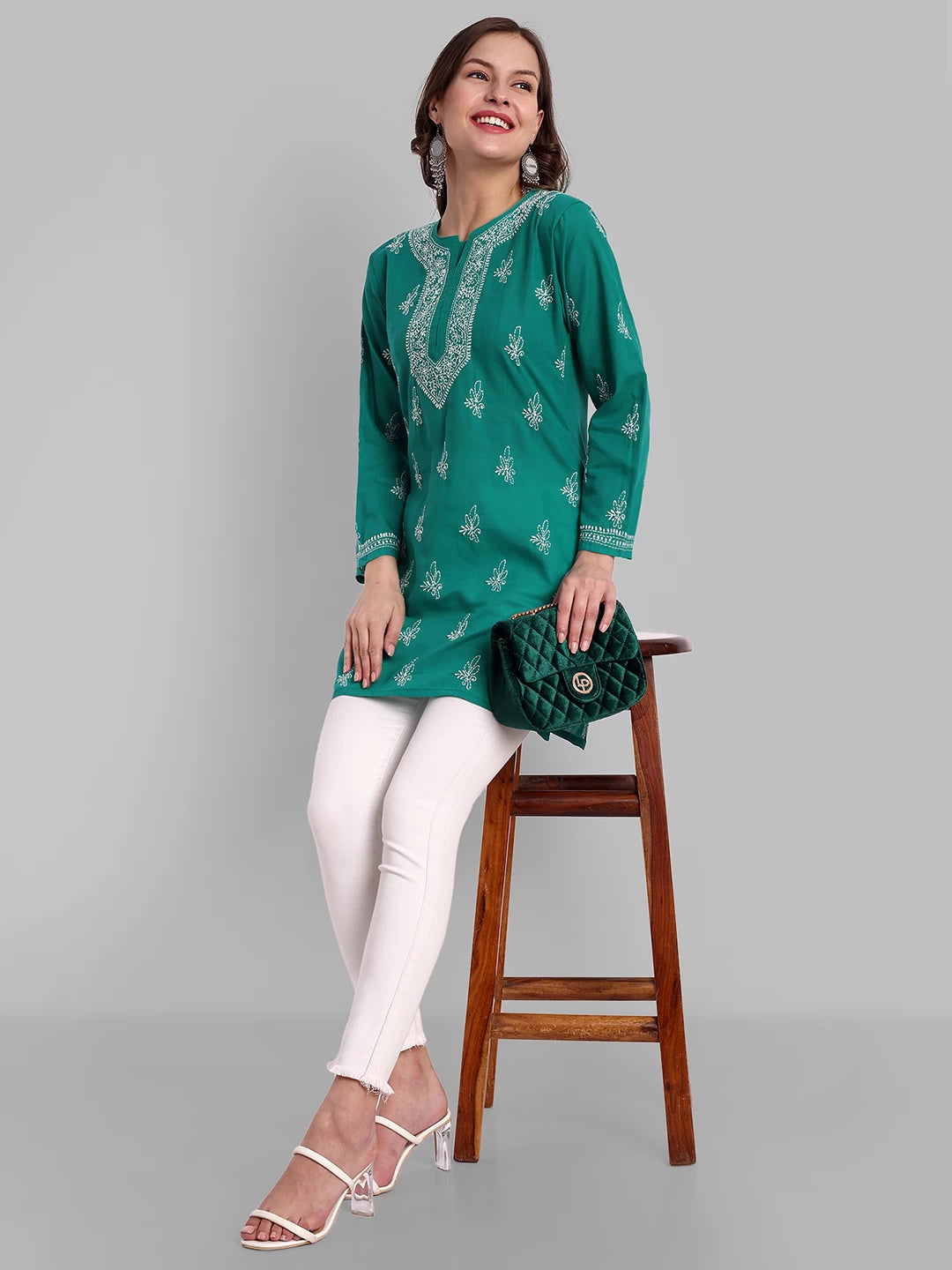 Ada Hand Embroidered Bottle Green Cotton Lucknowi Chikankari Straight Kurti A911357