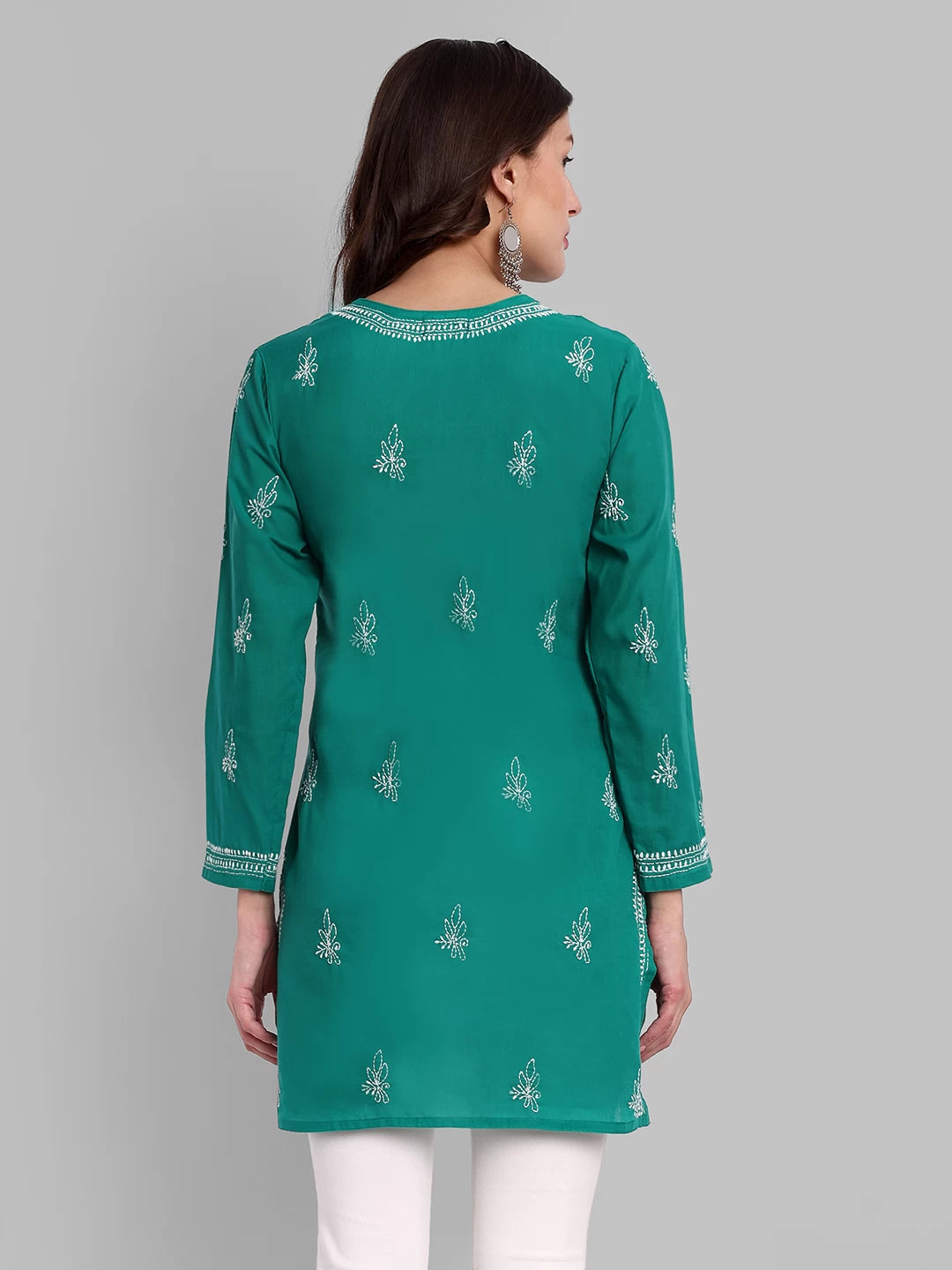 Ada Hand Embroidered Bottle Green Cotton Lucknowi Chikankari Straight Kurti A911357