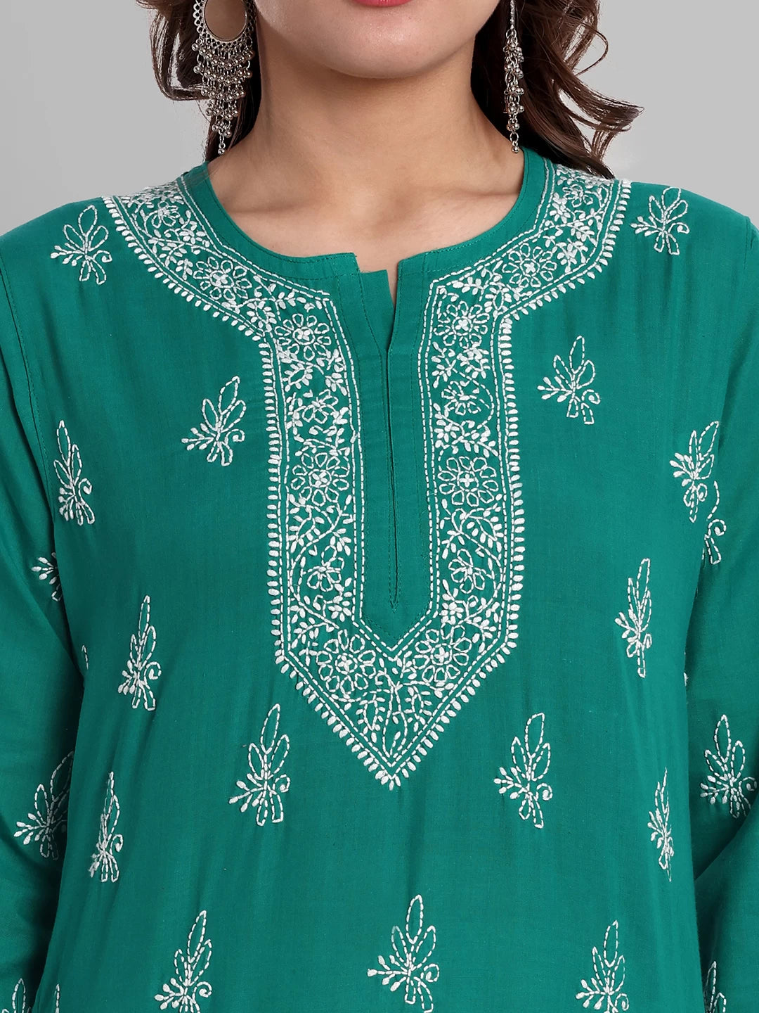Ada Hand Embroidered Bottle Green Cotton Lucknowi Chikankari Straight Kurti A911357