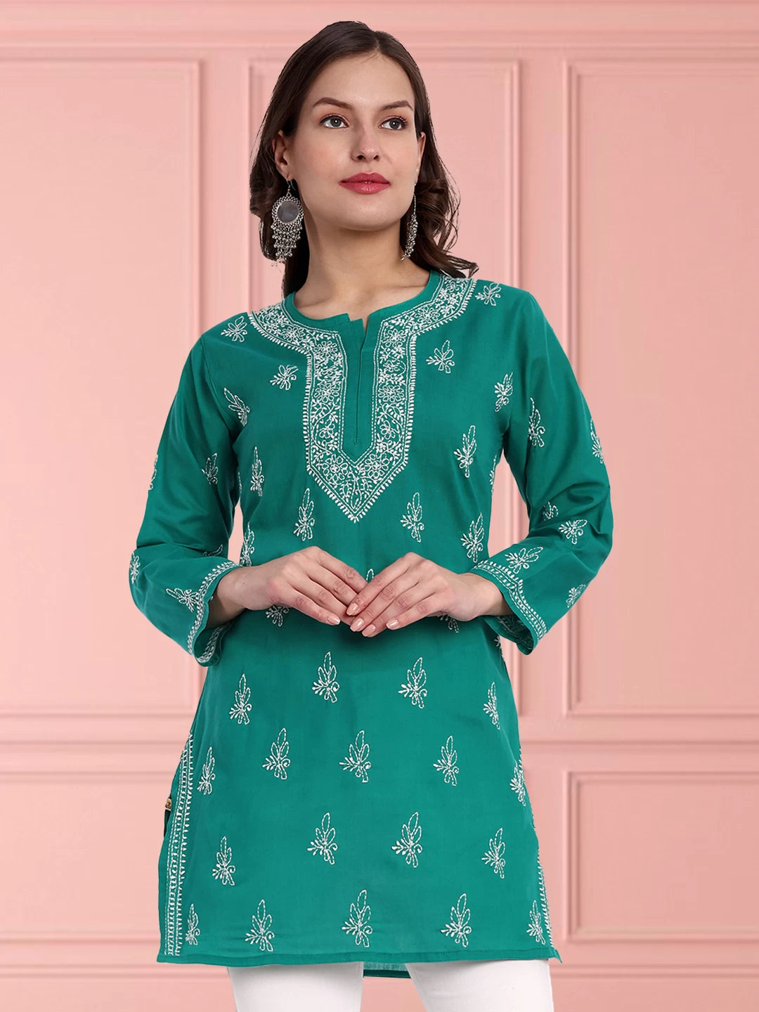 Ada Hand Embroidered Bottle Green Cotton Lucknowi Chikankari Straight Kurti A911357
