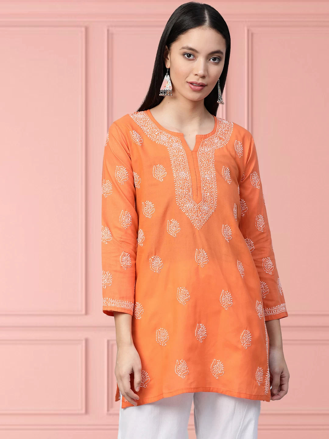 Ada Hand Embroidered Orange Cotton Lucknowi Chikankari Kurti A312251
