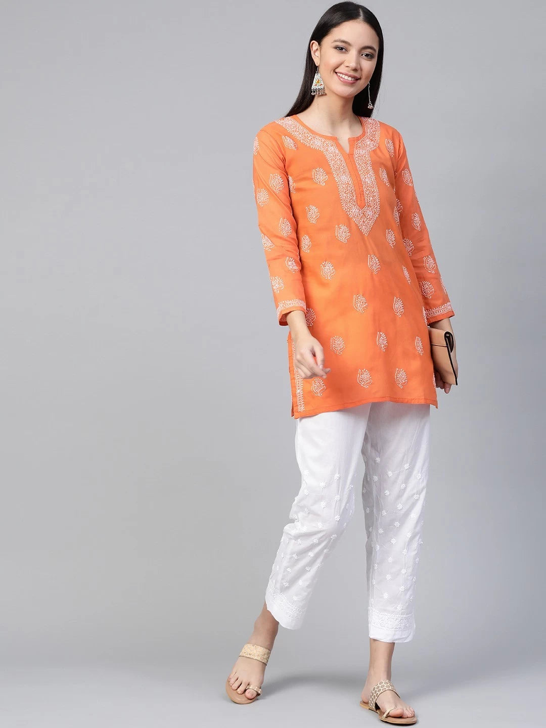 Ada Hand Embroidered Orange Cotton Lucknowi Chikankari Kurti A312251