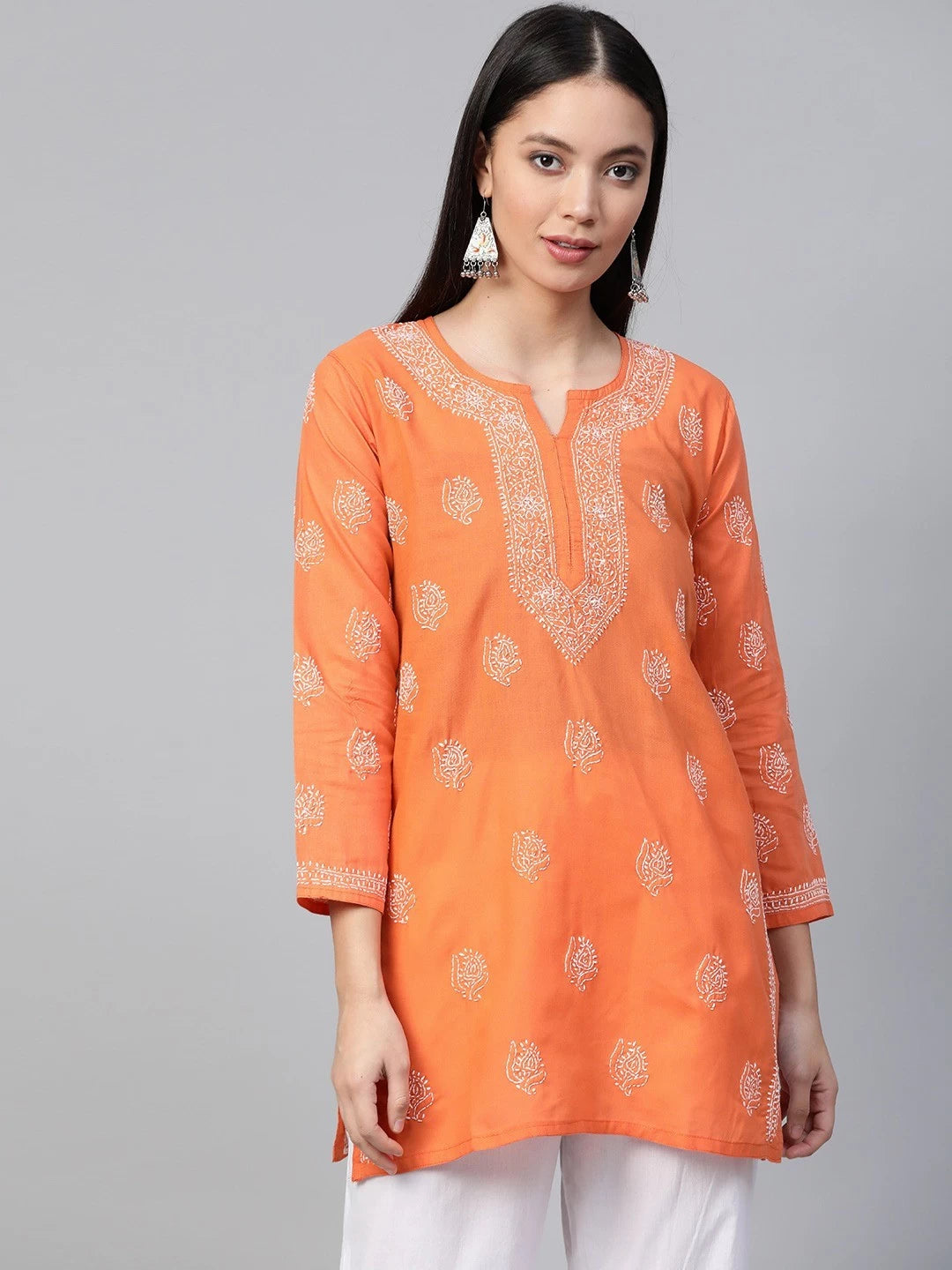 Ada Hand Embroidered Orange Cotton Lucknowi Chikankari Kurti A312251