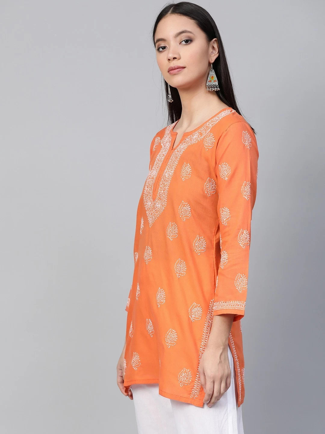 Ada Hand Embroidered Orange Cotton Lucknowi Chikankari Kurti A312251