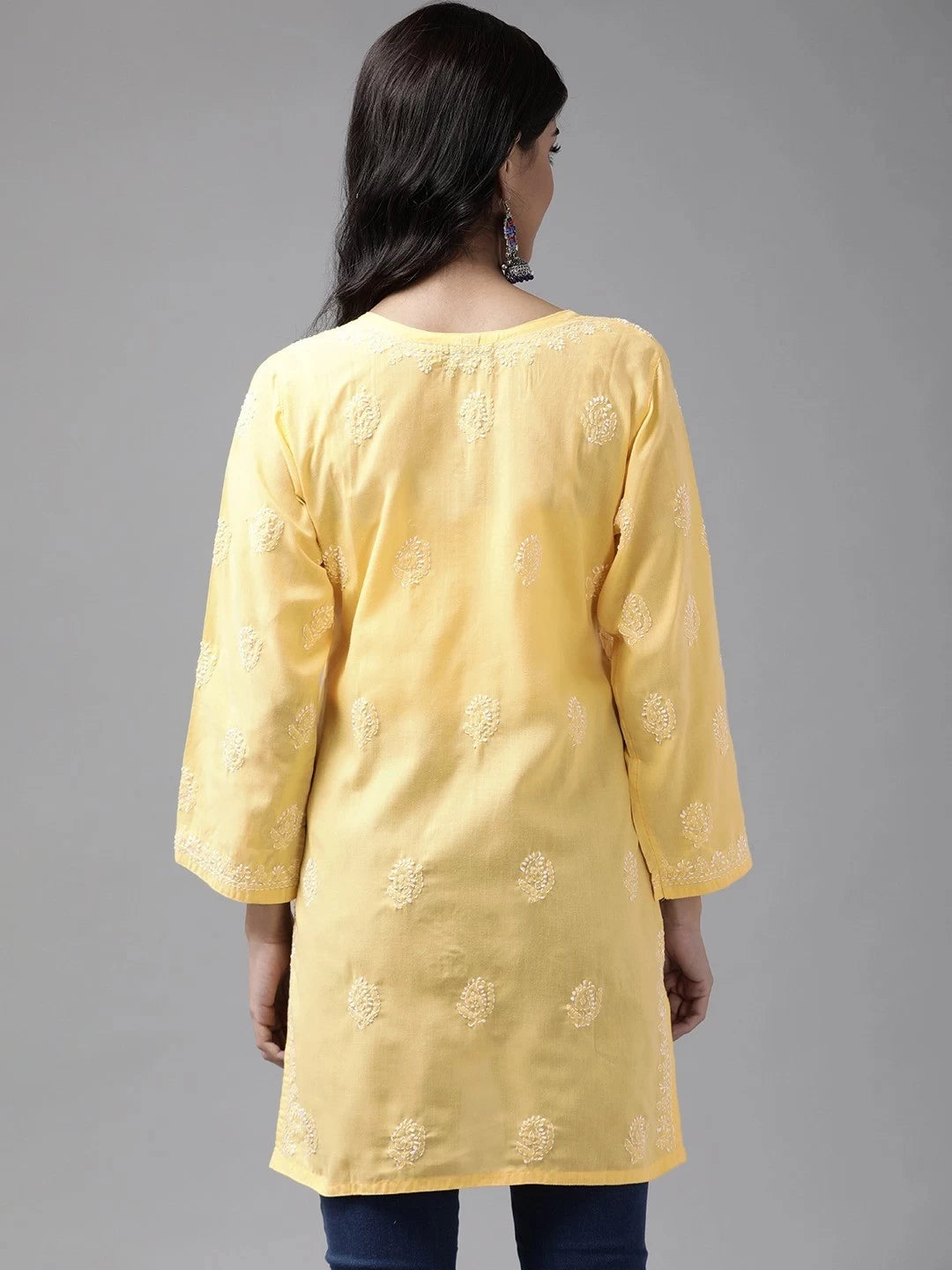 Ada Hand Embroidered Yellow Cotton Lucknowi Chikankari Short Kurti A911127