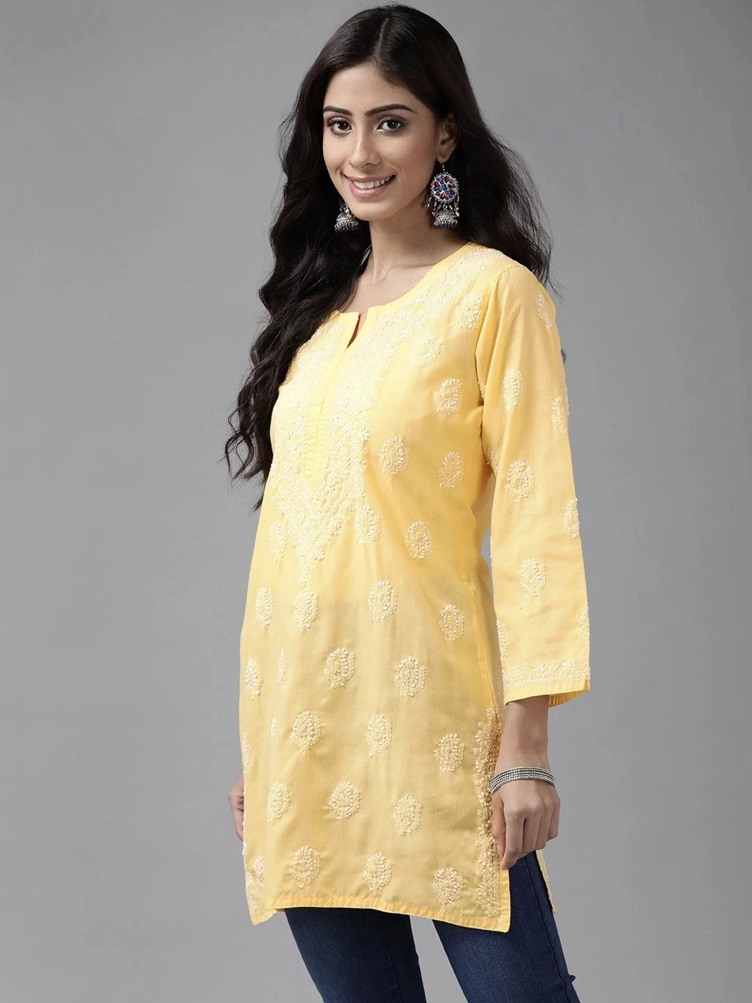 Ada Hand Embroidered Yellow Cotton Lucknowi Chikankari Short Kurti A911127