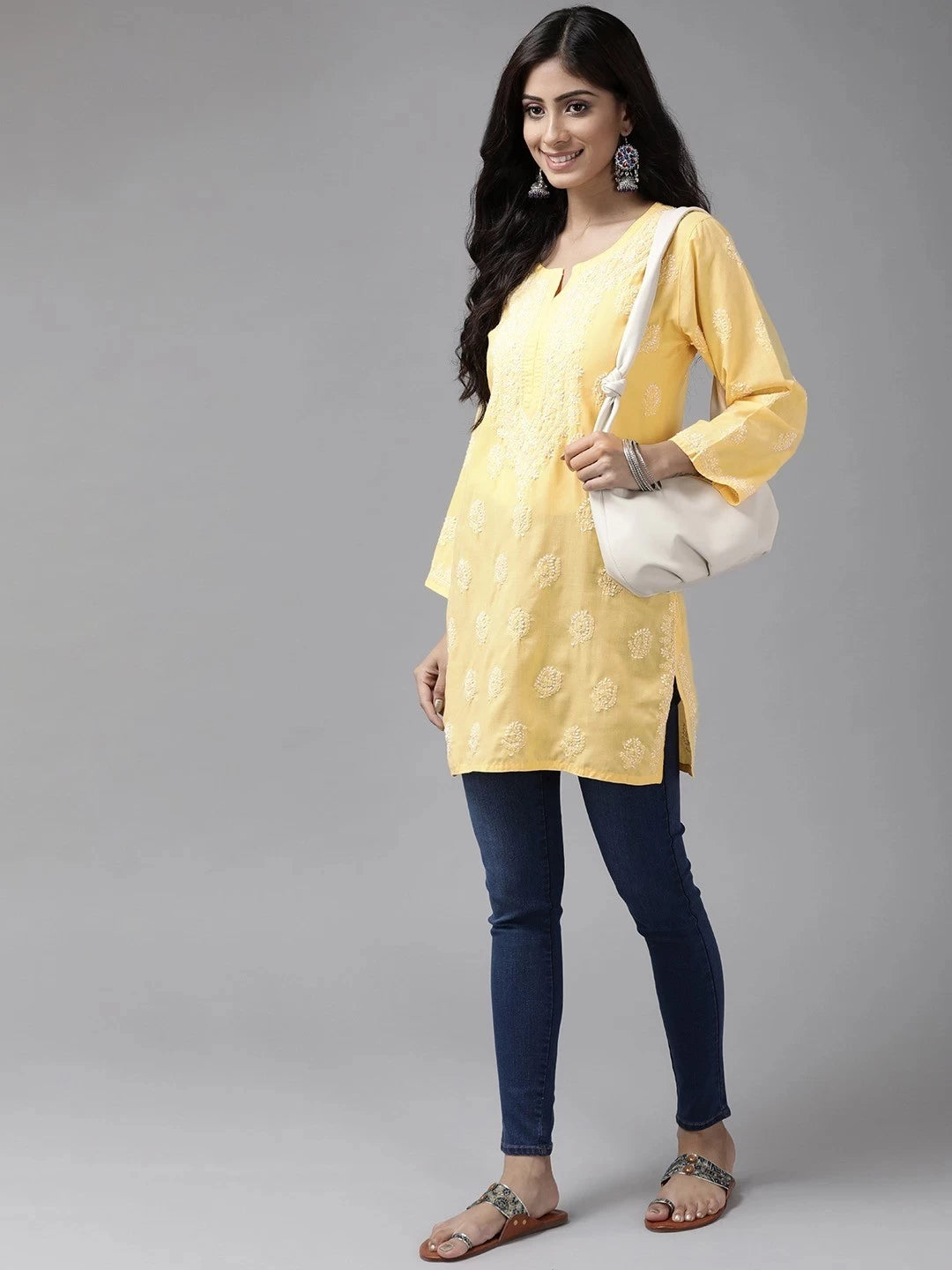 Ada Hand Embroidered Yellow Cotton Lucknowi Chikankari Short Kurti A911127