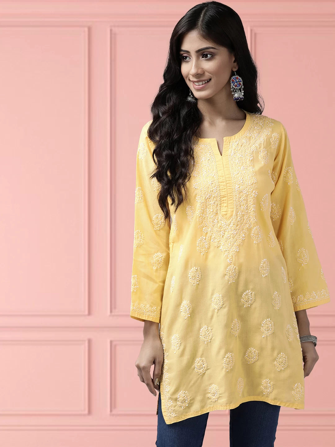 Ada Hand Embroidered Yellow Cotton Lucknowi Chikankari Short Kurti A911127
