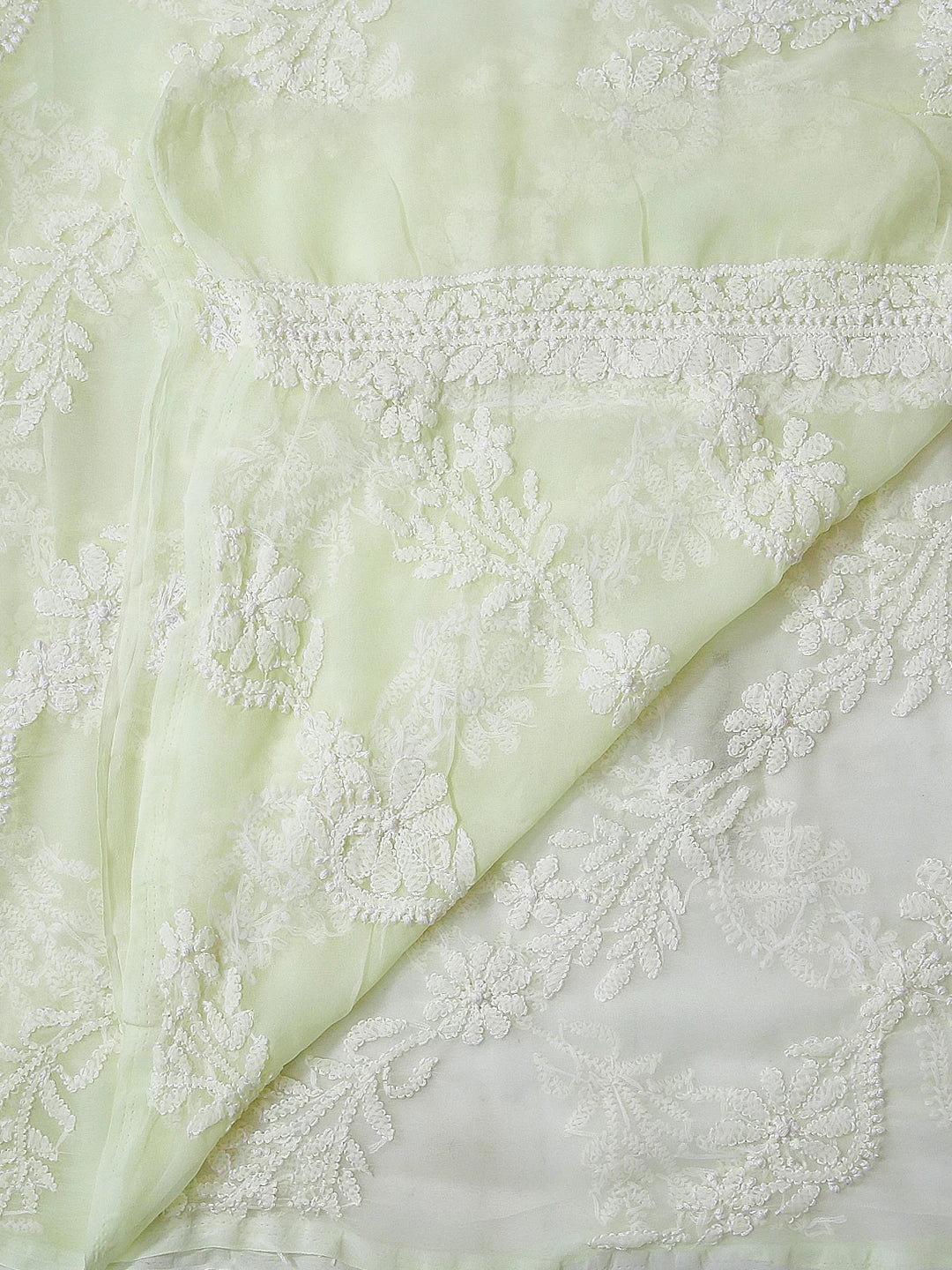 Ada Hand Embroidered Lime Green Georgette Lucknowi Chikankari Dupatta 01A98959