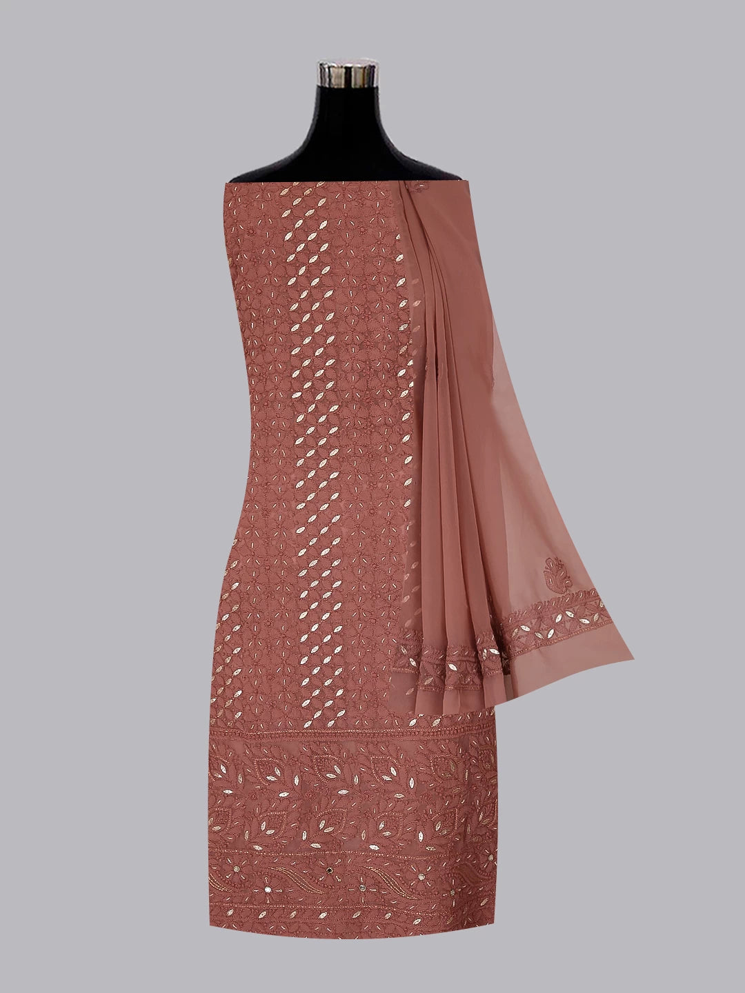 Ada Hand Embroidered Dusty Peach Georgette Lucknowi Chikankari Unstitched Suit Piece With Gotapatti Work 01A409085