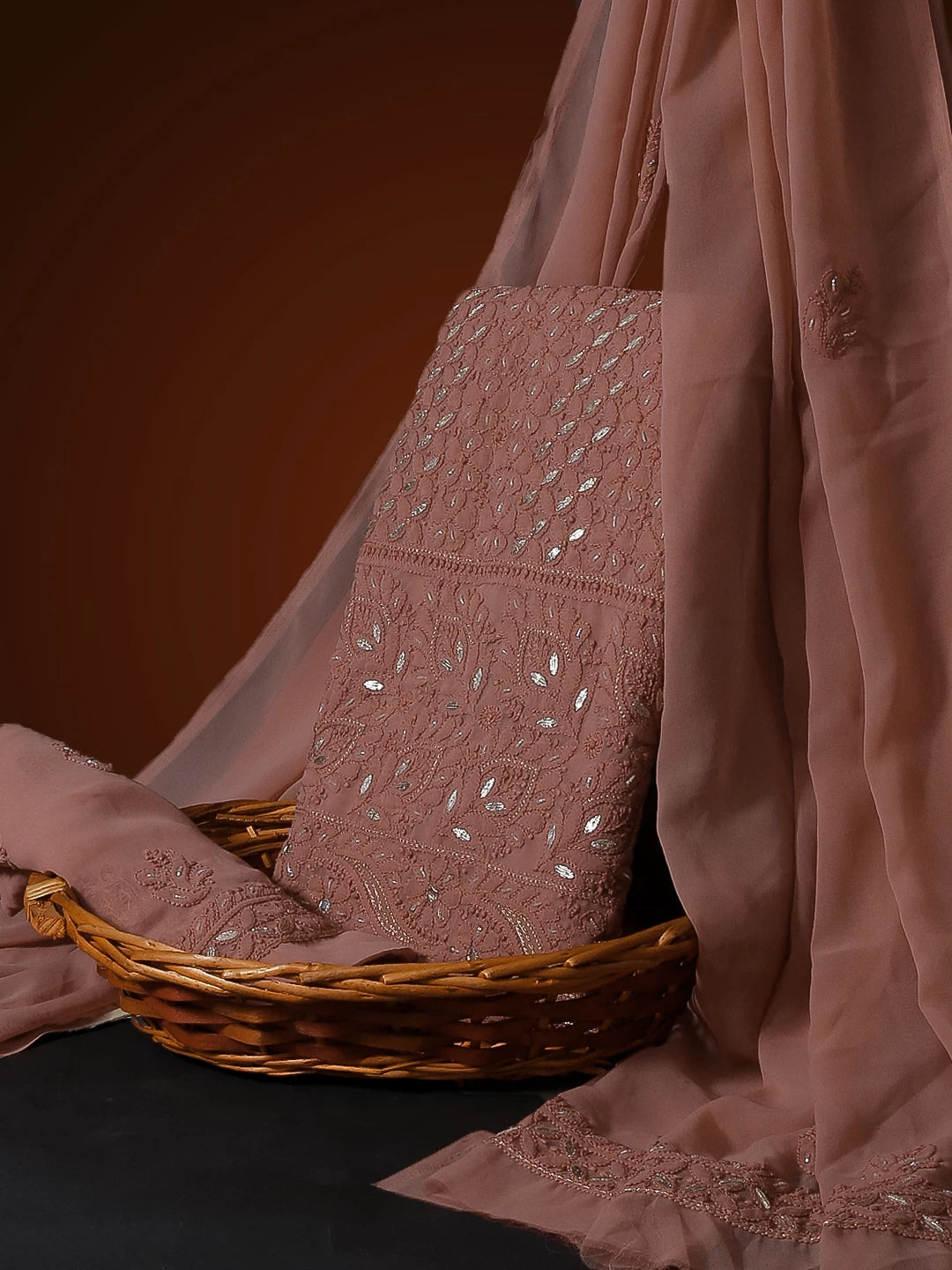 Ada Hand Embroidered Dusty Peach Georgette Lucknowi Chikankari Unstitched Suit Piece With Gotapatti Work 01A409085
