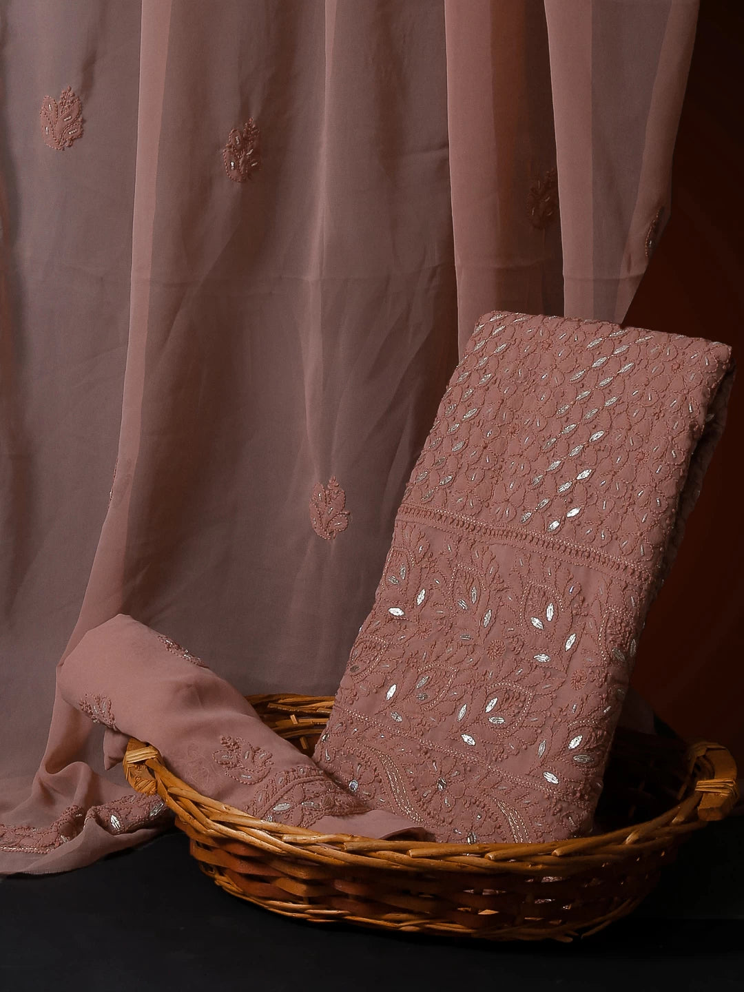 Ada Hand Embroidered Dusty Peach Georgette Lucknowi Chikankari Unstitched Suit Piece With Gotapatti Work 01A409085