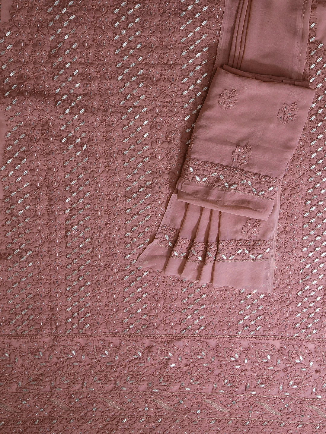 Ada Hand Embroidered Dusty Peach Georgette Lucknowi Chikankari Unstitched Suit Piece With Gotapatti Work 01A409085
