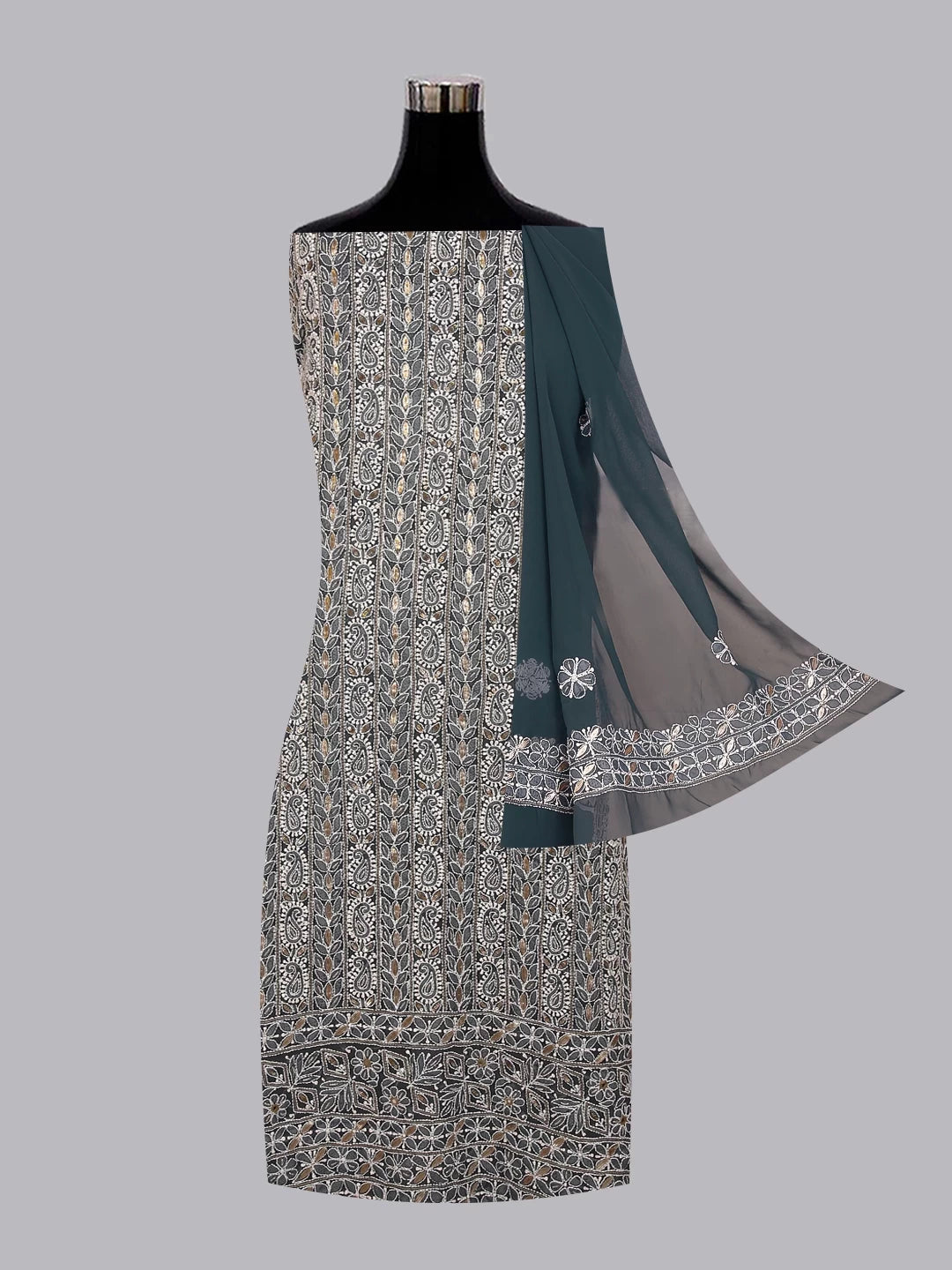 Ada Hand Embroidered Greyish Blue Georgette Lucknowi Chikankari Unstitched Suit Piece With Gotapatti Work 01A470634