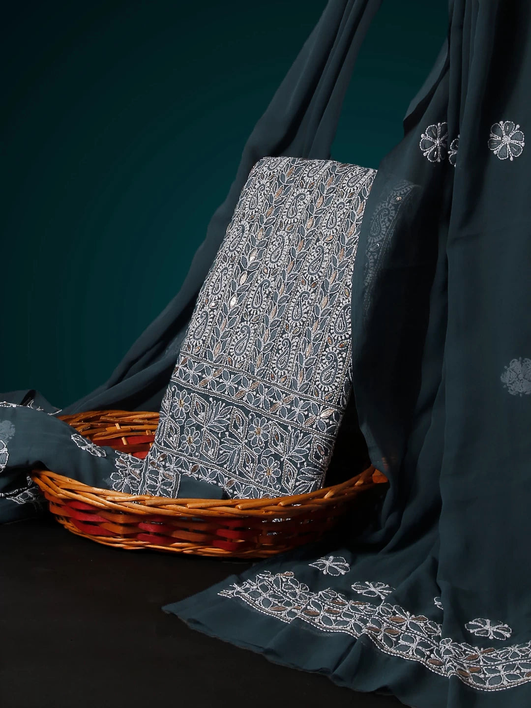 Ada Hand Embroidered Greyish Blue Georgette Lucknowi Chikankari Unstitched Suit Piece With Gotapatti Work 01A470634