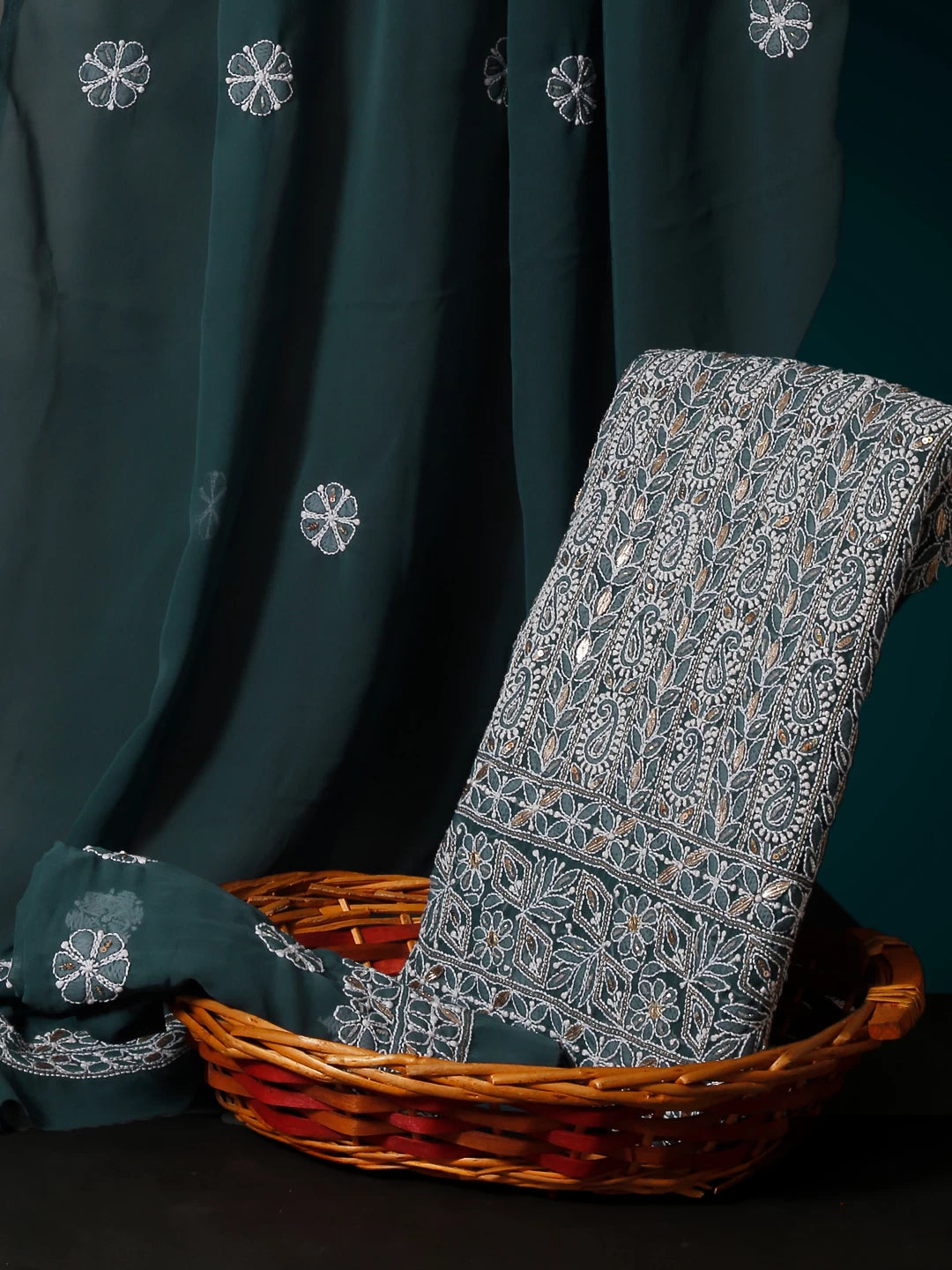 Ada Hand Embroidered Greyish Blue Georgette Lucknowi Chikankari Unstitched Suit Piece With Gotapatti Work 01A470634