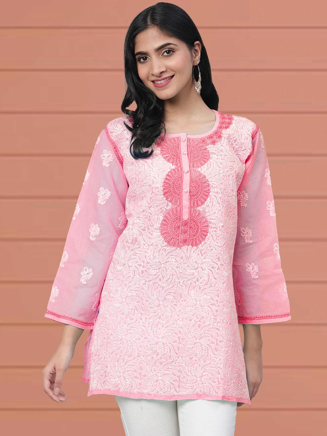 Ada Hand Embroidered Pink Cotton Lucknowi Chikankari Short Kurti A911383